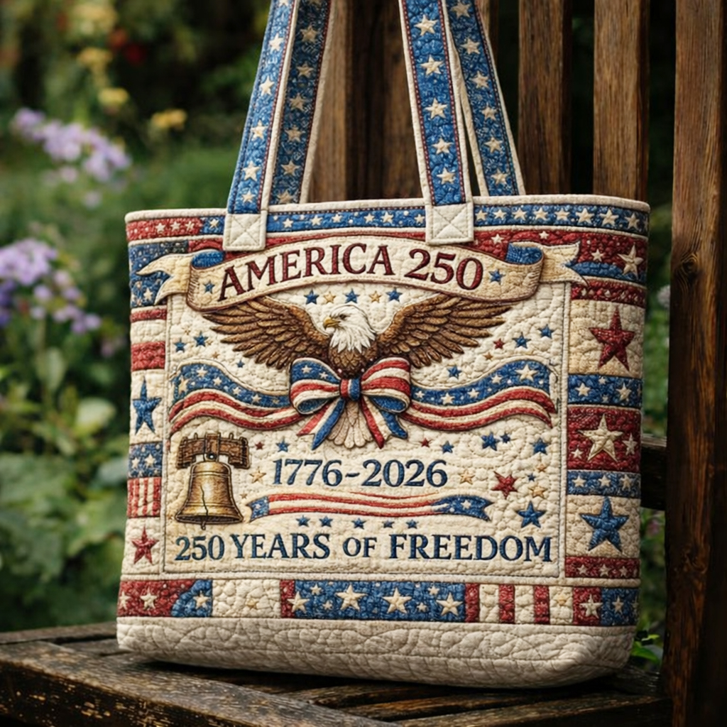 America 250th Anniversary Patriotic Quilted Tote Bag - 1776-2026 Freedom Eagle & Liberty Bell Design