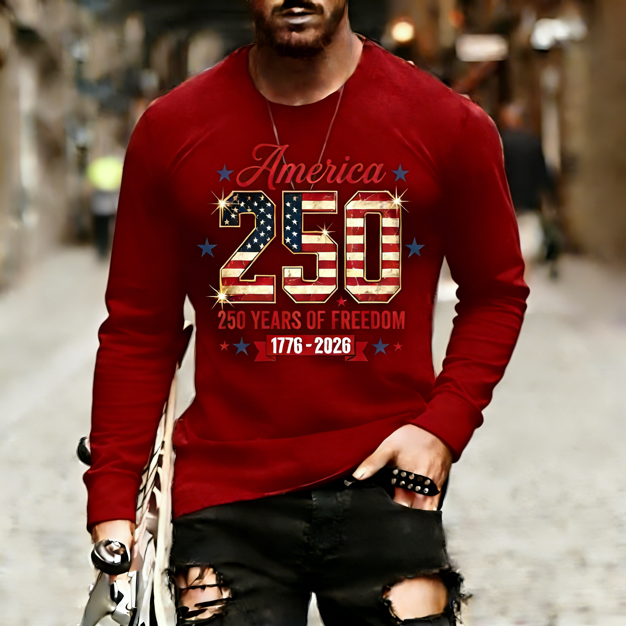 Men's Retro 250th Anniversary of the United States Independence Day America 250 Flag Print T-Shirt