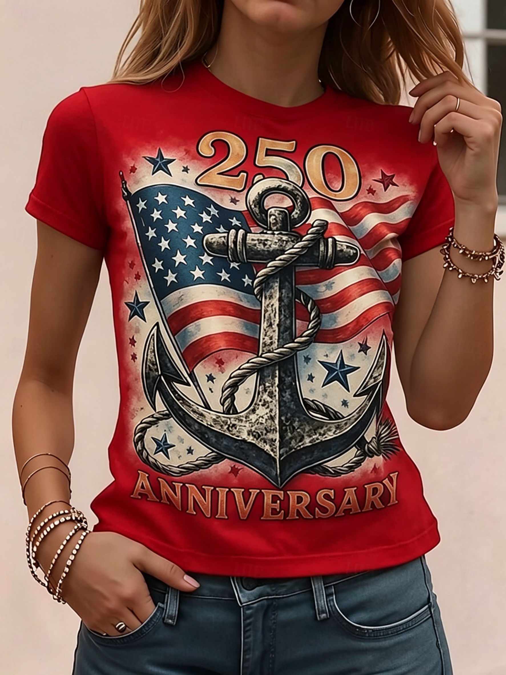 Women’s Patriotic Anchor & Flag Graphic T-Shirt, 250th Anniversary Top, Multiple Colors Available