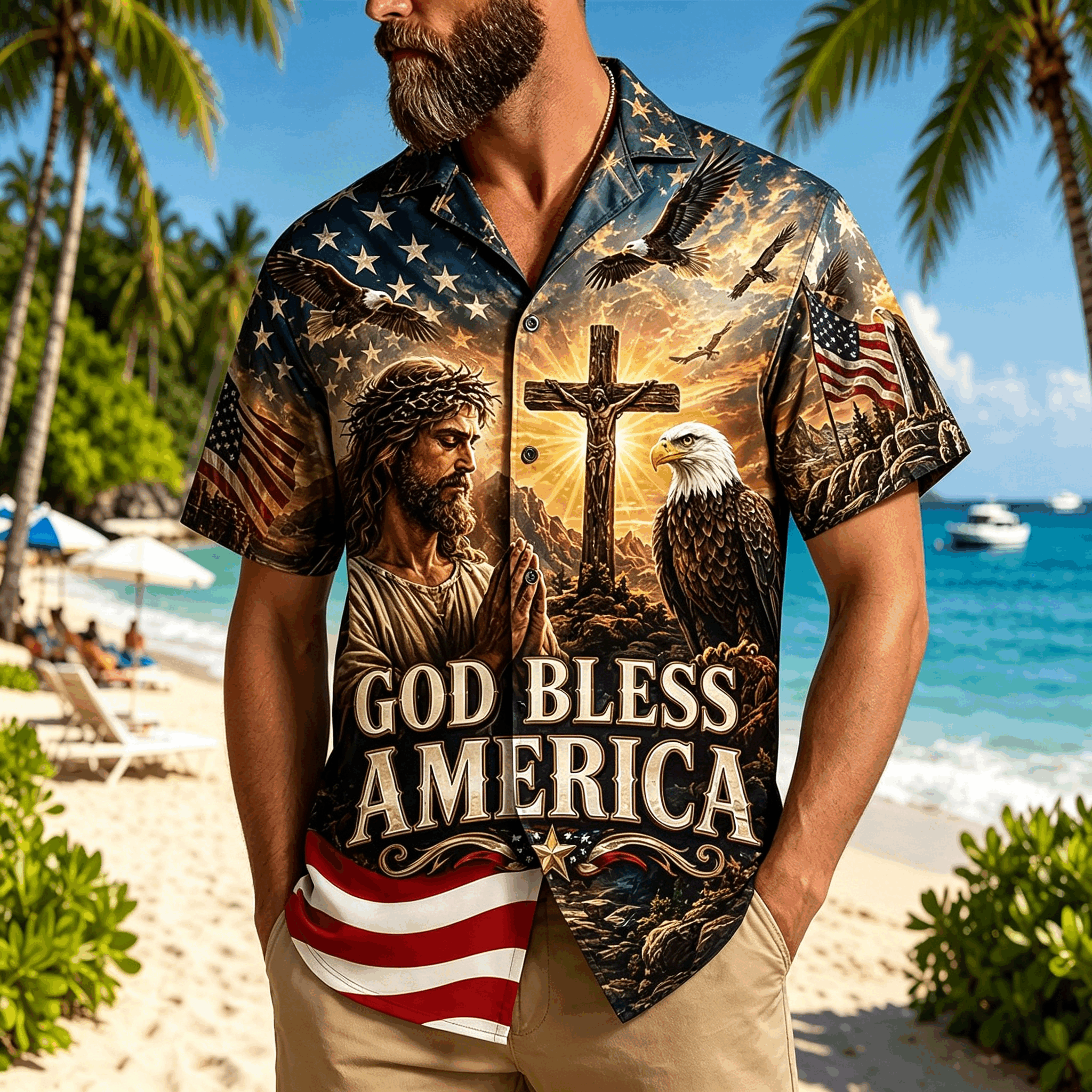 Men God Bless America Eagle Cross American Flag Print Short Sleeve Lapel Casual Hawaiian Shirt
