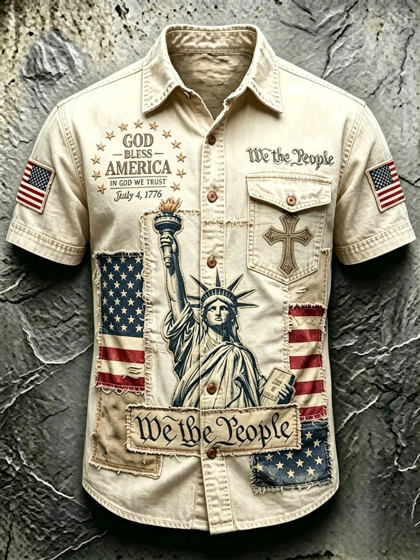 Men's Vintage Statue Of Liberty Flag Graphic Short Sleeve Button Down Denim Shirt