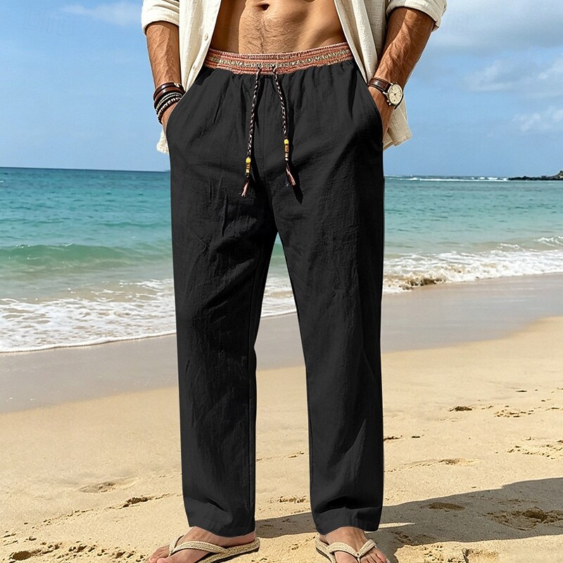 [Copy] Men's Linen Pants Summer Pants Drawstring Elastic Waist Straight Leg Plain Comfort Breathable Full Length Casual Daily Beach Vacation Fashion Blue Black Inelastic