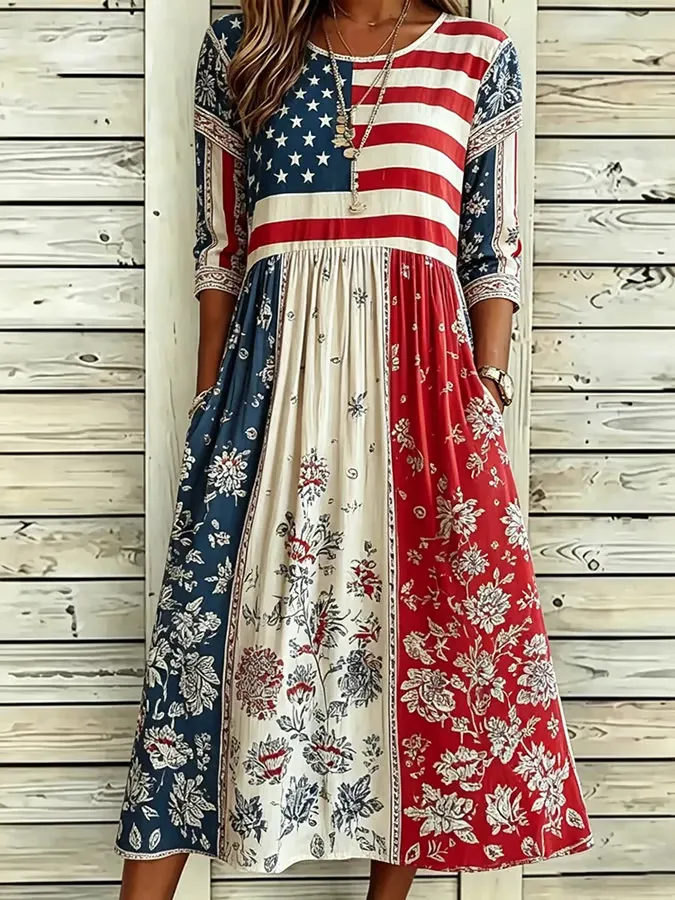 🔥Last Day 49% Off🔥Women'S Casual Sleeveless Round Neck National Flag Floral Print Dress