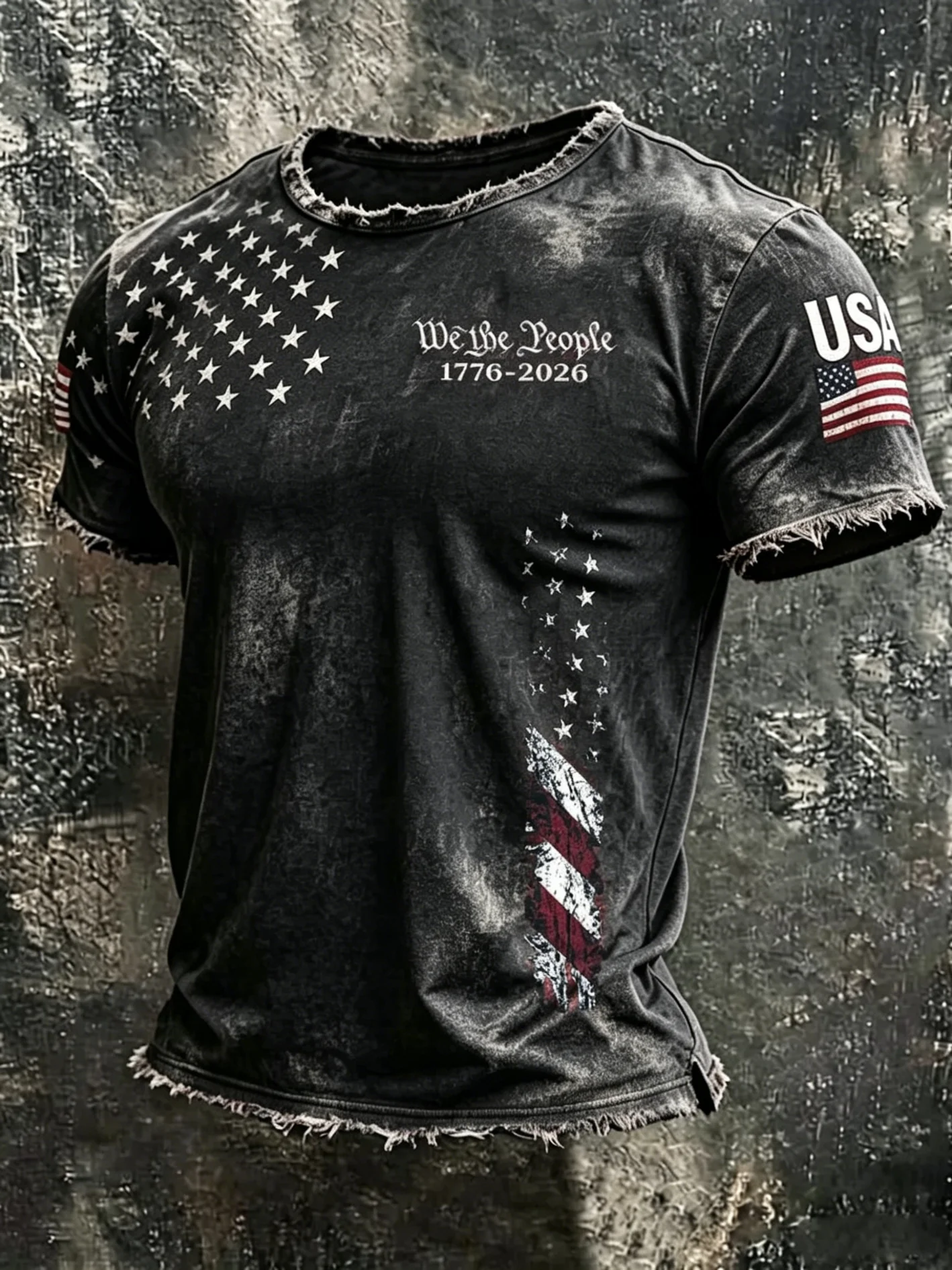 Men's America 250Th Anniversary We The People Distressed Fringed Flag Print T-Shirt