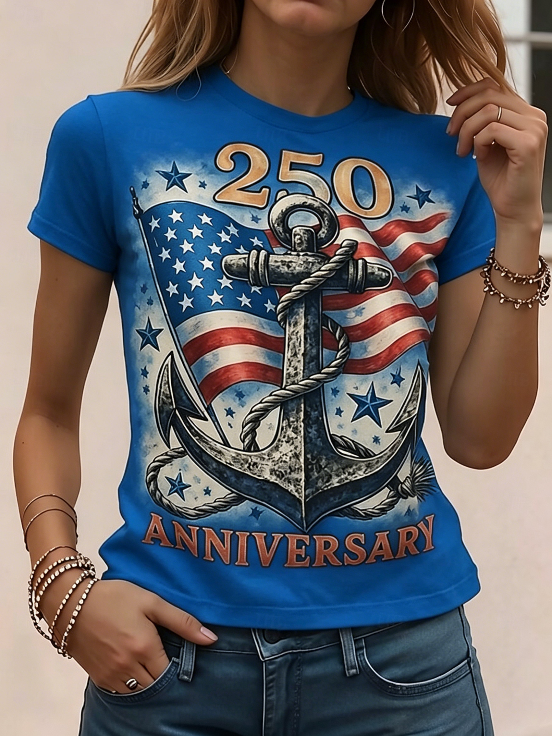 Women’s Patriotic Anchor & Flag Graphic T-Shirt, 250th Anniversary Top, Multiple Colors Available