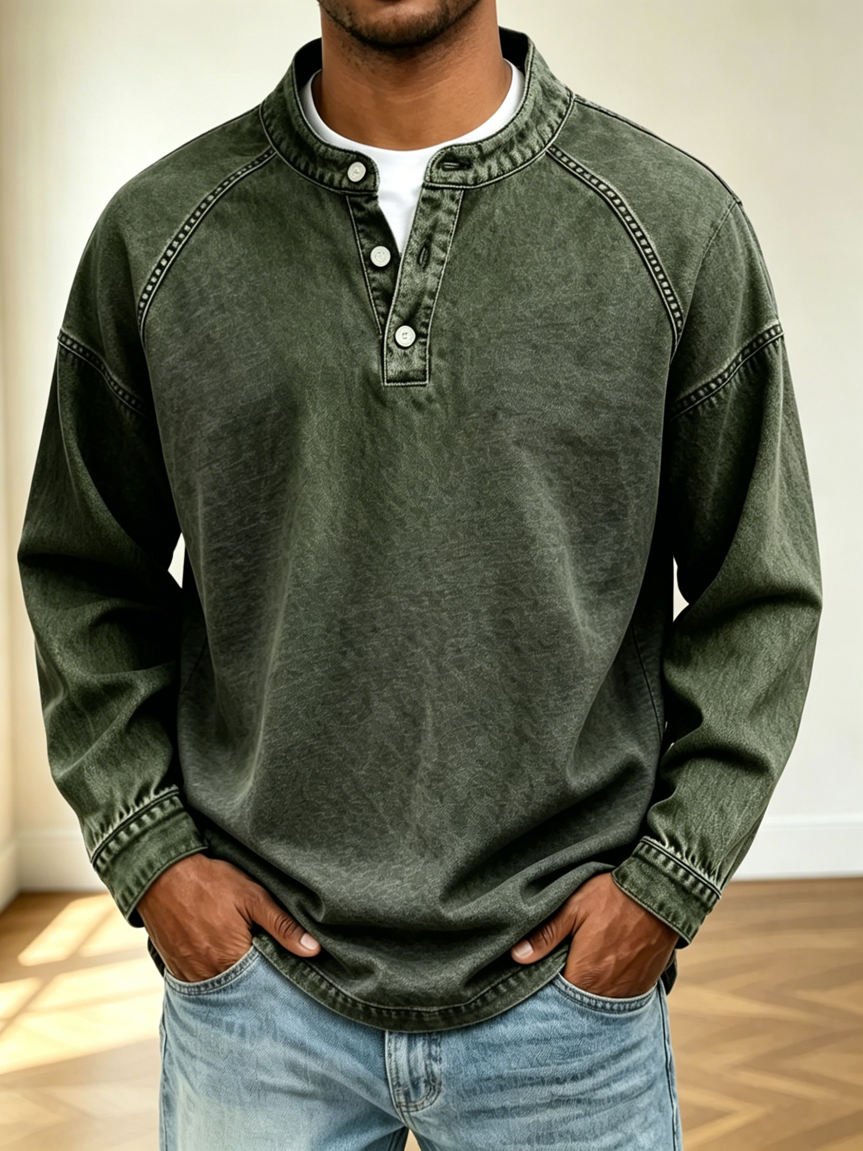 Men Vintage Washed Denim Henley Raglan Long Sleeve Casual Pullover Shir