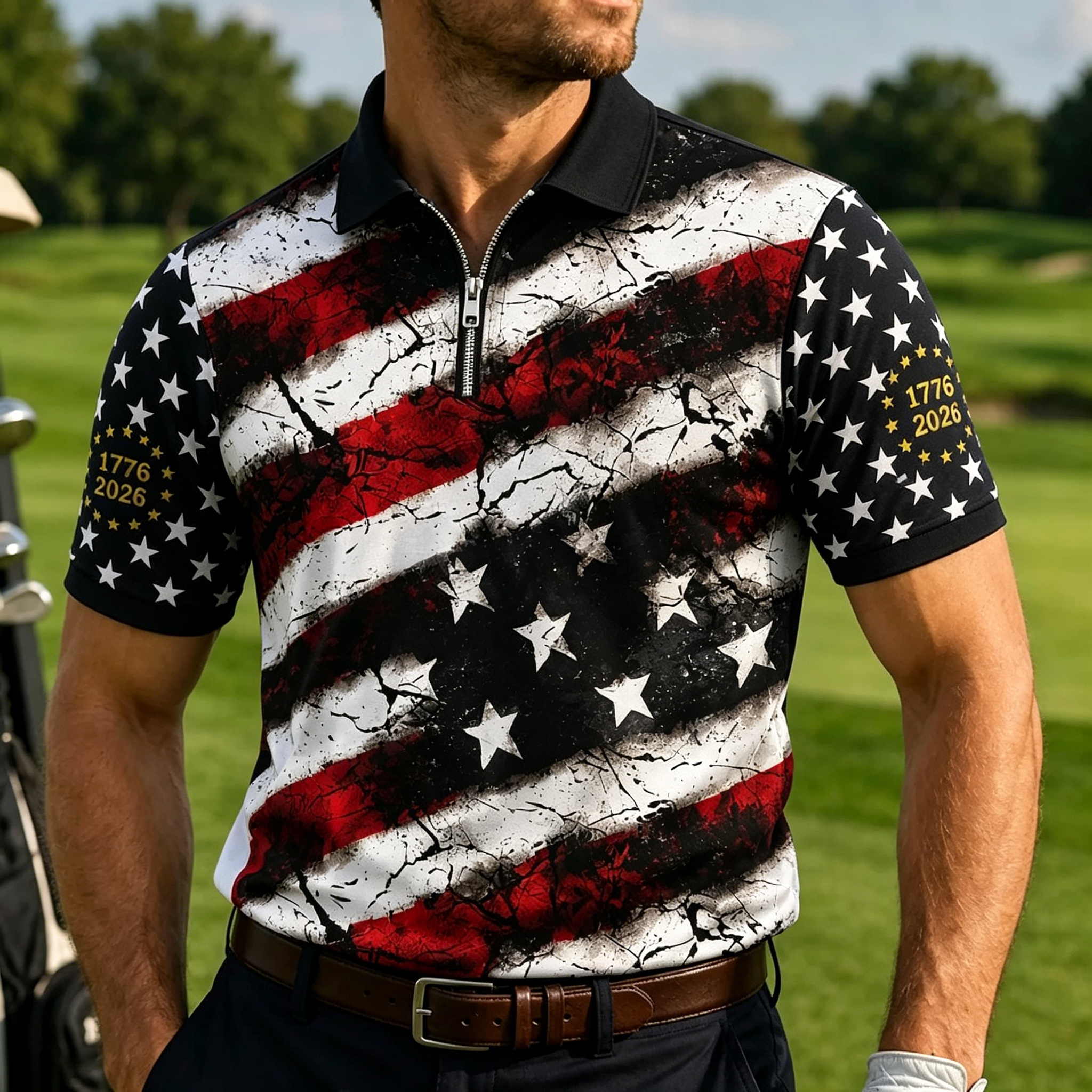 Retro Cracked Star Stripe Flag Men Athletic Sports Short Sleeve Polo Shirt