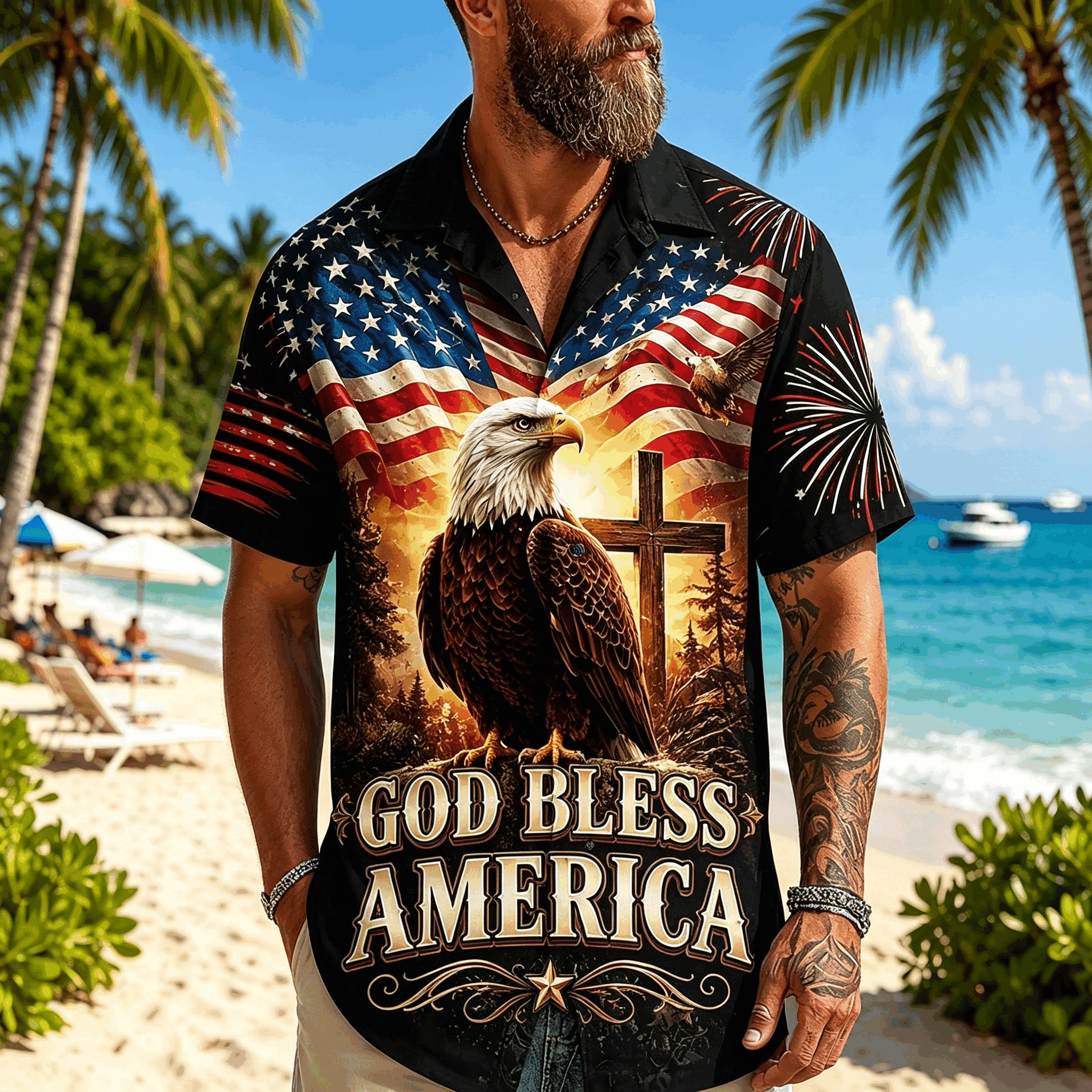 Men God Bless America Eagle Cross American Flag Print Short Sleeve Lapel Casual Hawaiian Shirt
