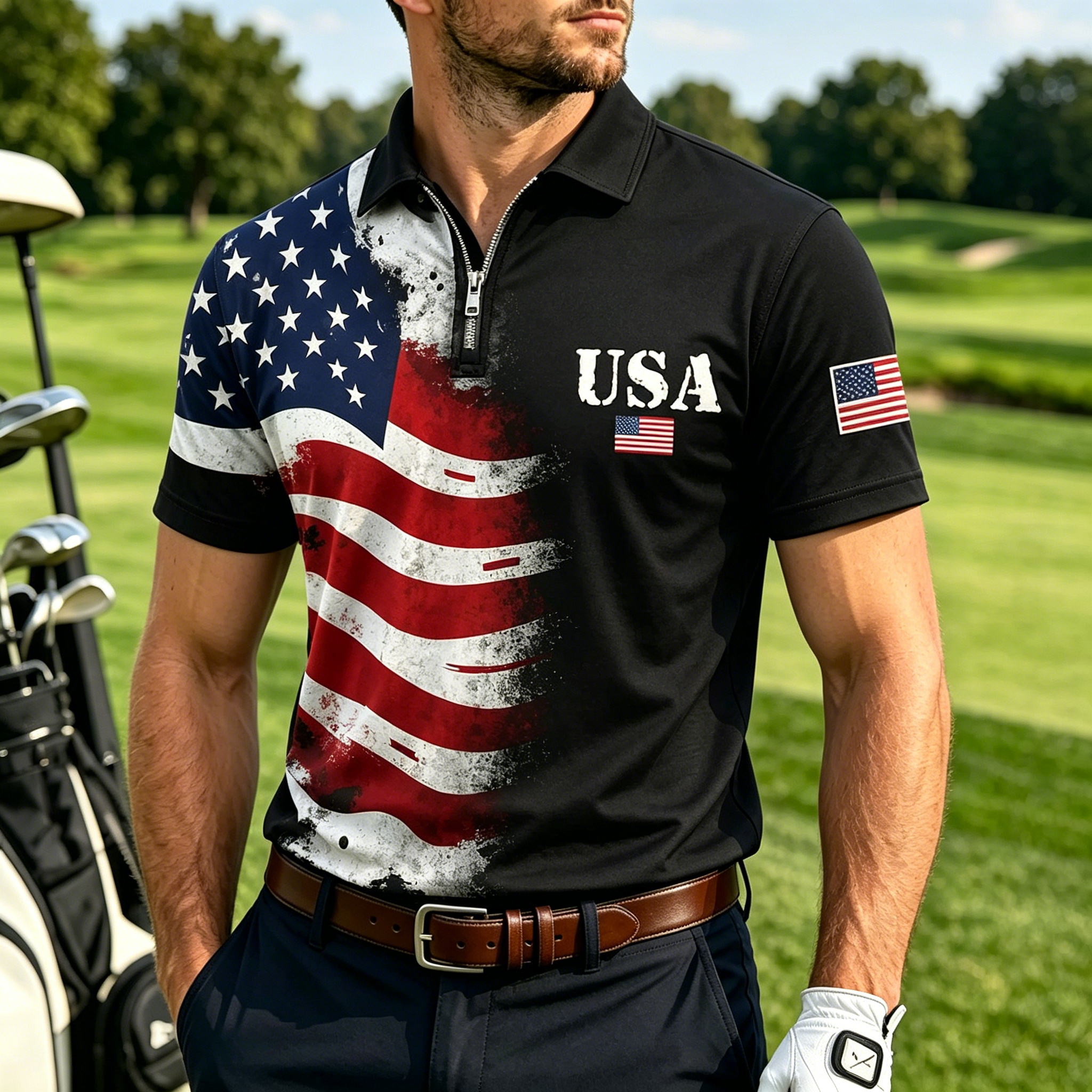 Men USA Flag Distressed Half Zip Short Sleeve Casual Golf Polo Shirt