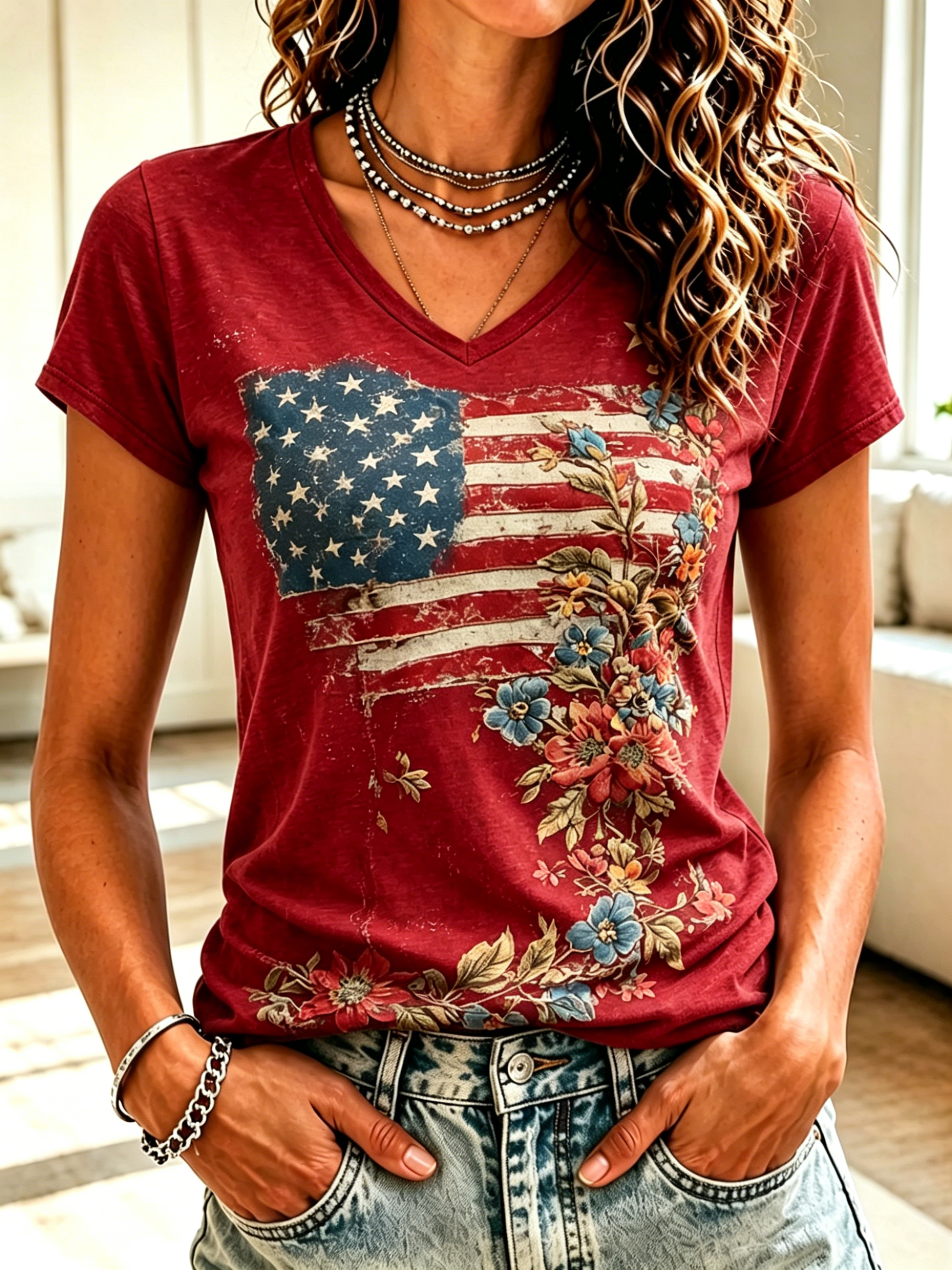 Vintage Washed Patriotic Floral US Flag Graphic V-Neck Loose Women Daily Wear Casual Short Sleeve Top