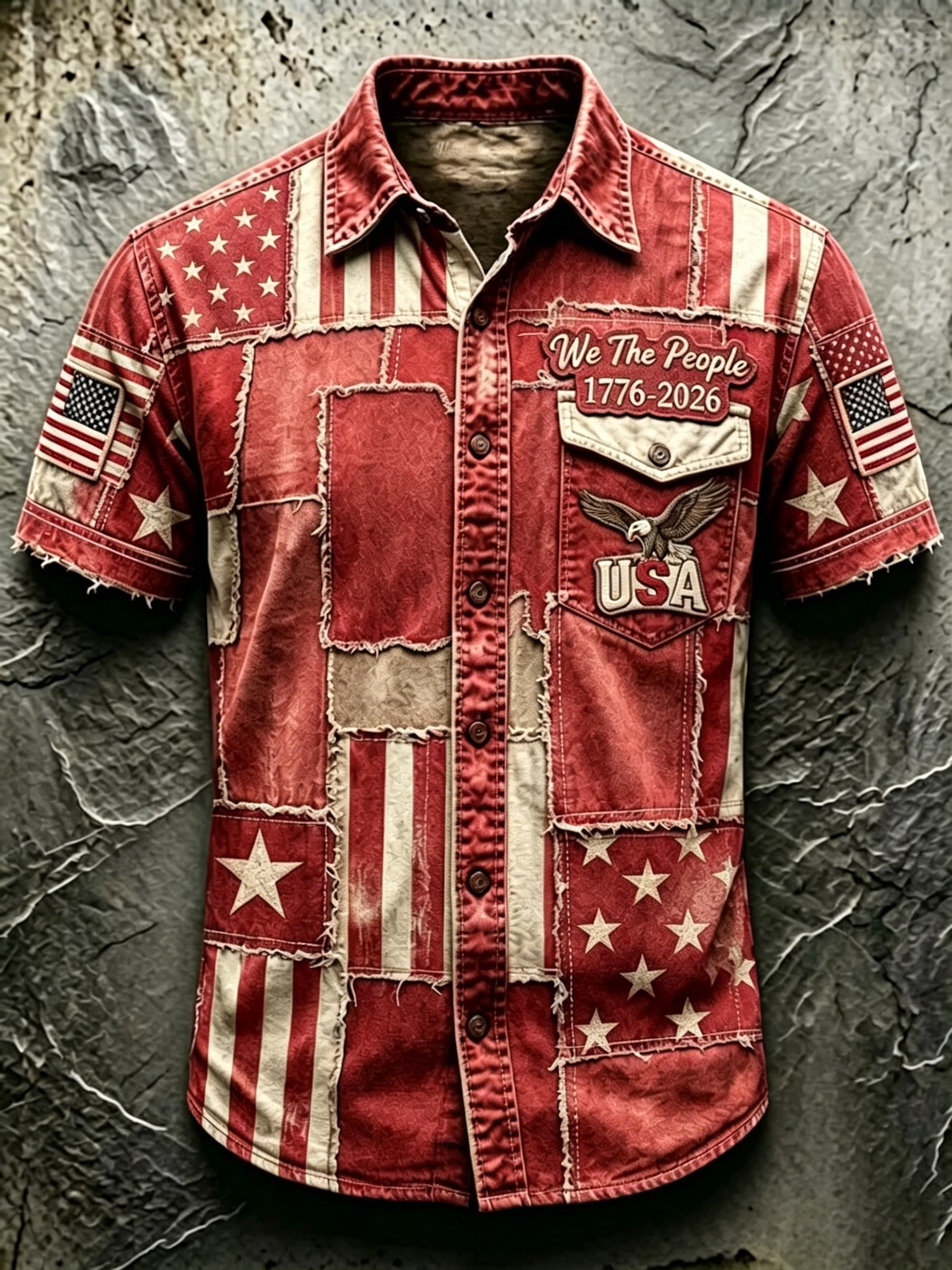 Distressed Retro Patriotic Graphic Lapel Pocket Short Sleeve Shirt For Men Daily Outdoor Casual Wear