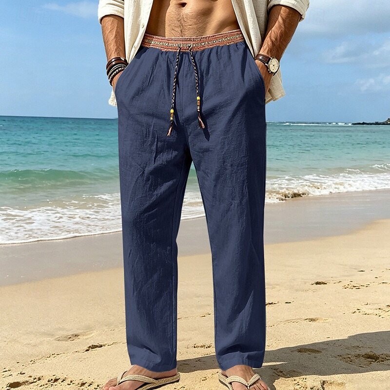 [Copy] Men's Linen Pants Summer Pants Drawstring Elastic Waist Straight Leg Plain Comfort Breathable Full Length Casual Daily Beach Vacation Fashion Blue Black Inelastic