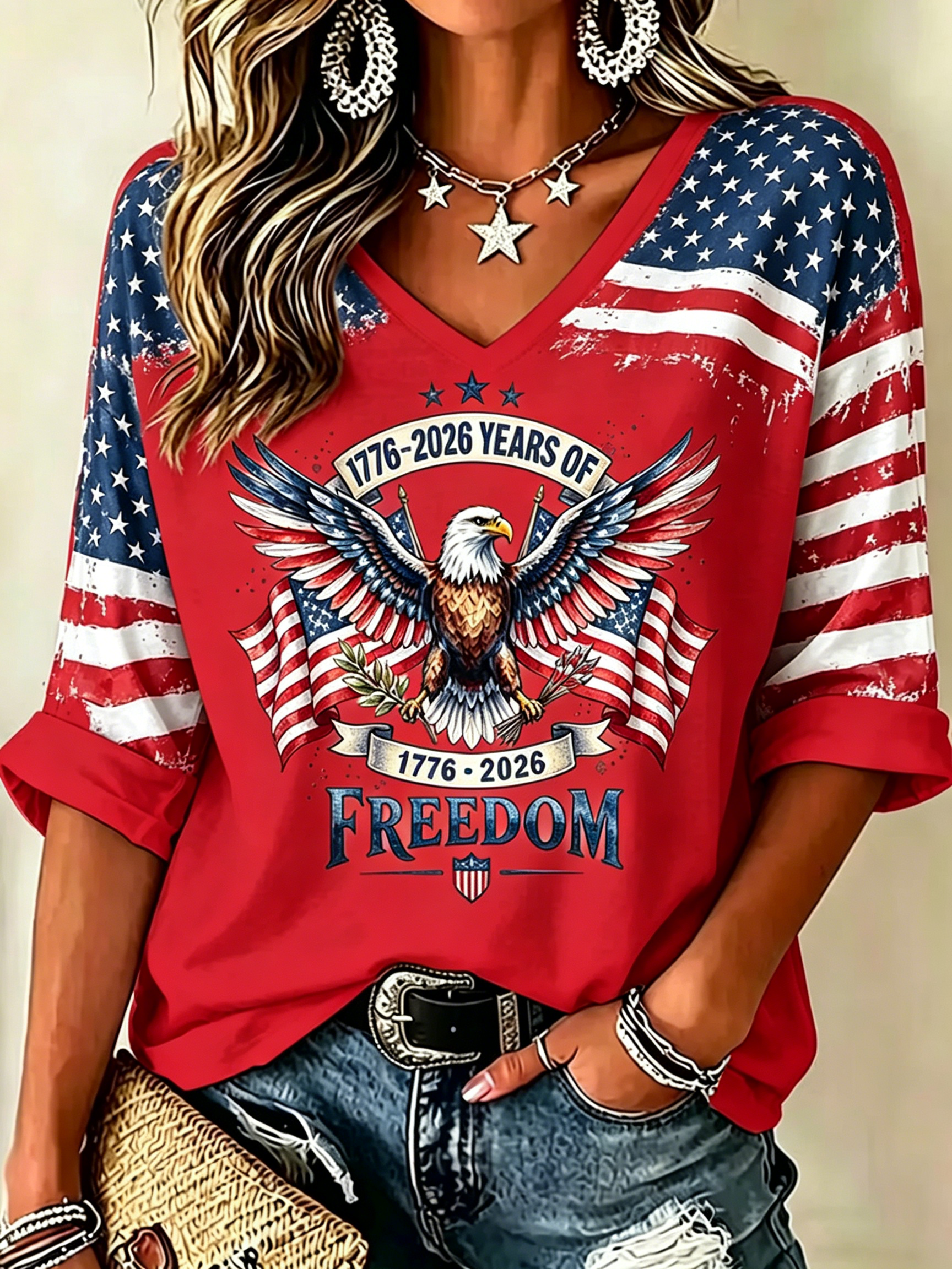 Distressed Brushstroke US Flag Eagle Graphic Loose Fit Ladies 3/4 Sleeve V Neck Soft Casual Summer T-Shirt