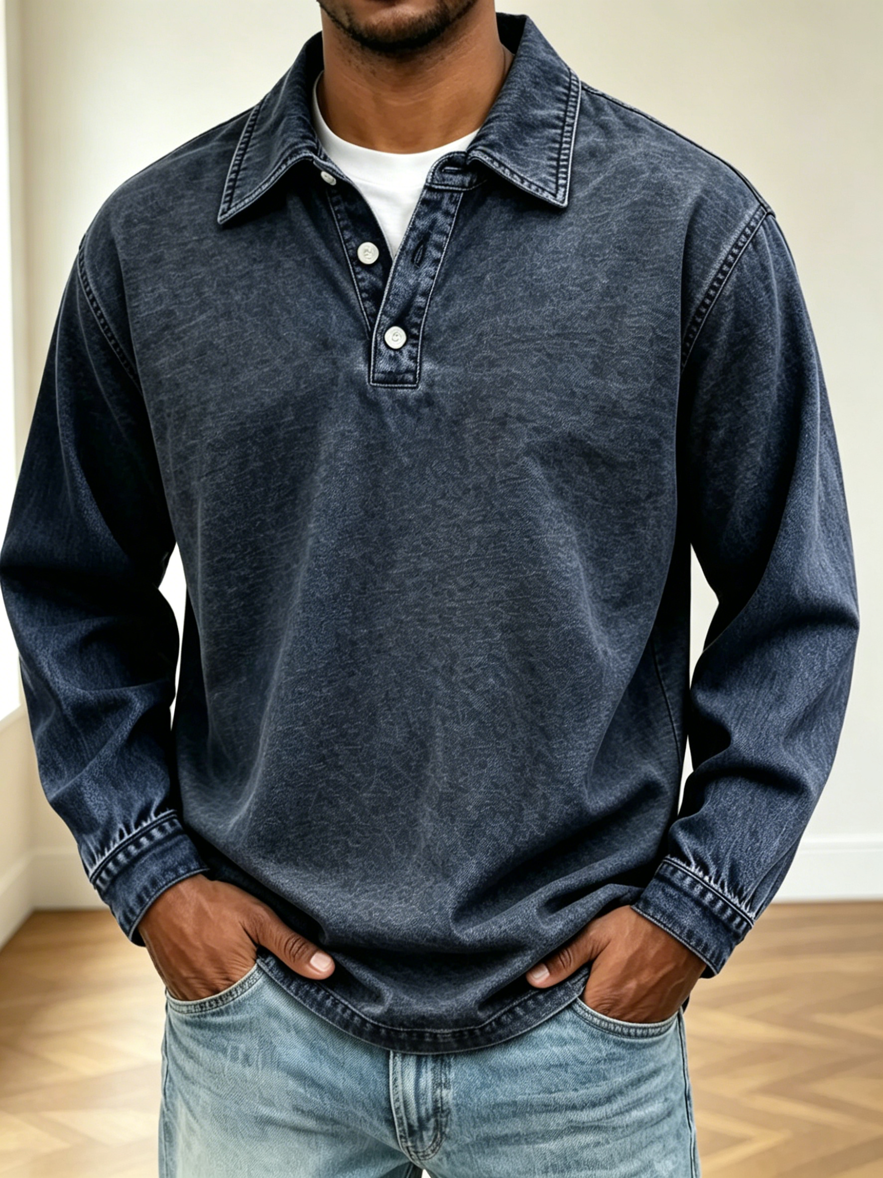 Men Vintage Washed Denim Henley Raglan Long Sleeve Casual Pullover Shir