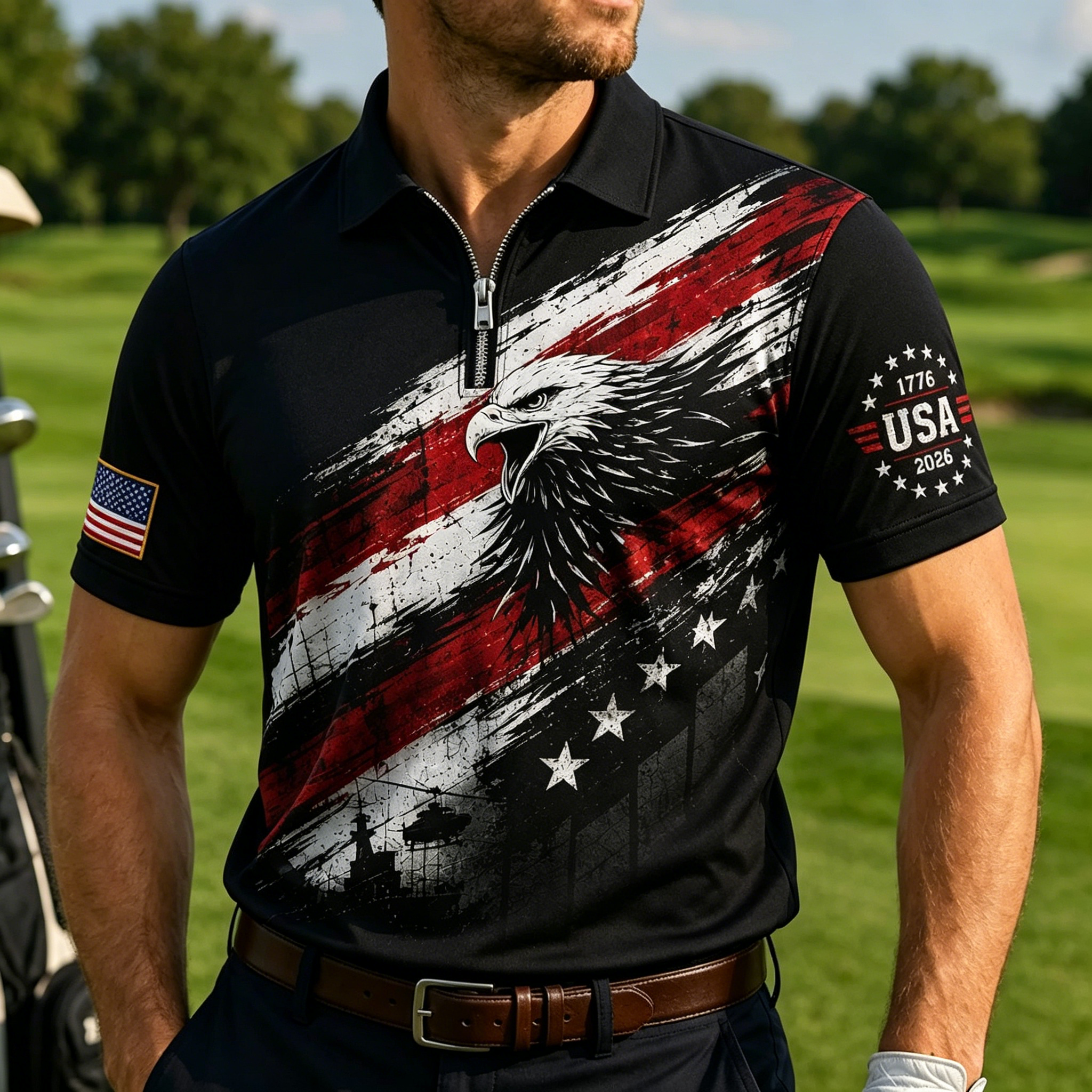 Retro Cracked Star Stripe Flag Men Athletic Sports Short Sleeve Polo Shirt
