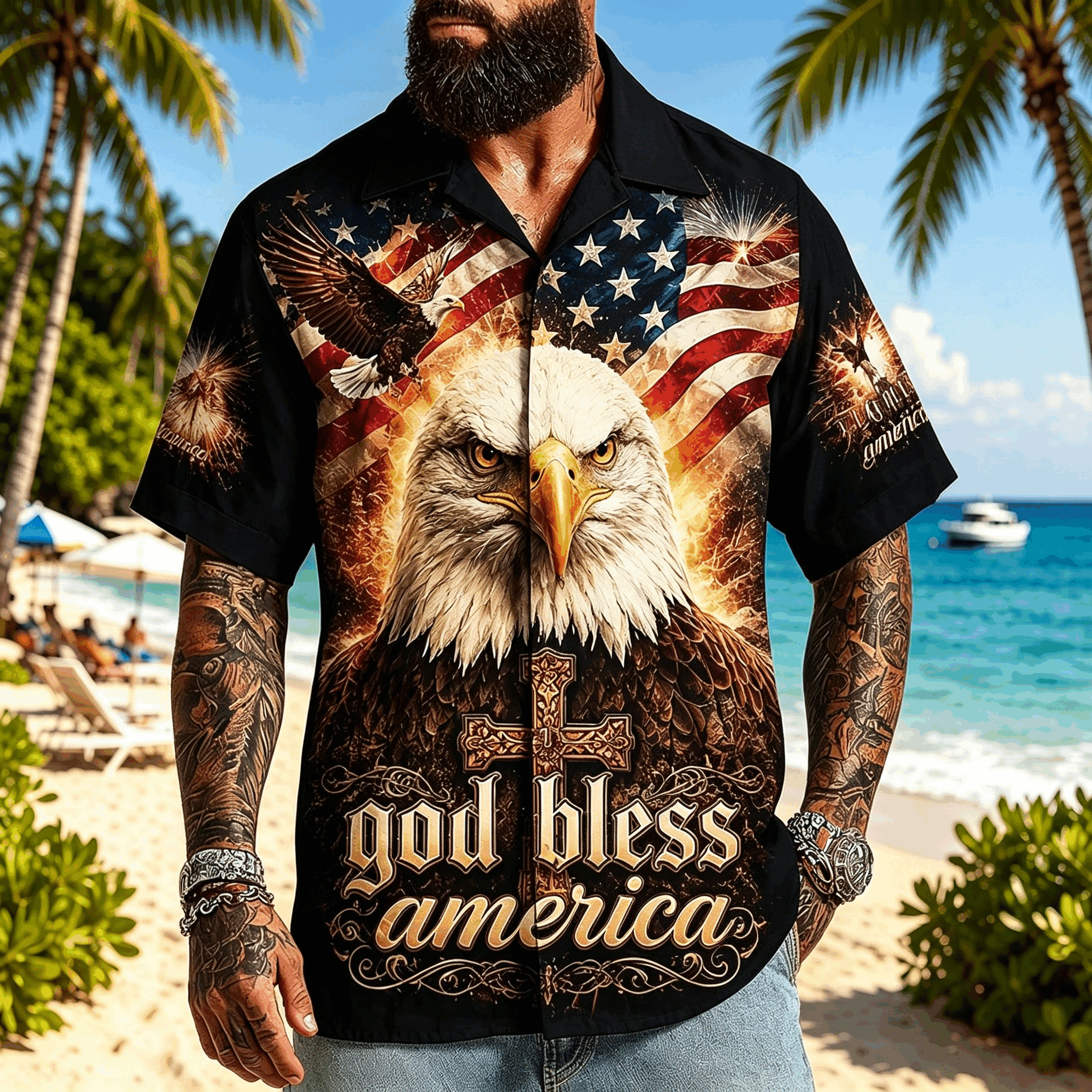 Men God Bless America Eagle Cross American Flag Print Short Sleeve Lapel Casual Hawaiian Shirt