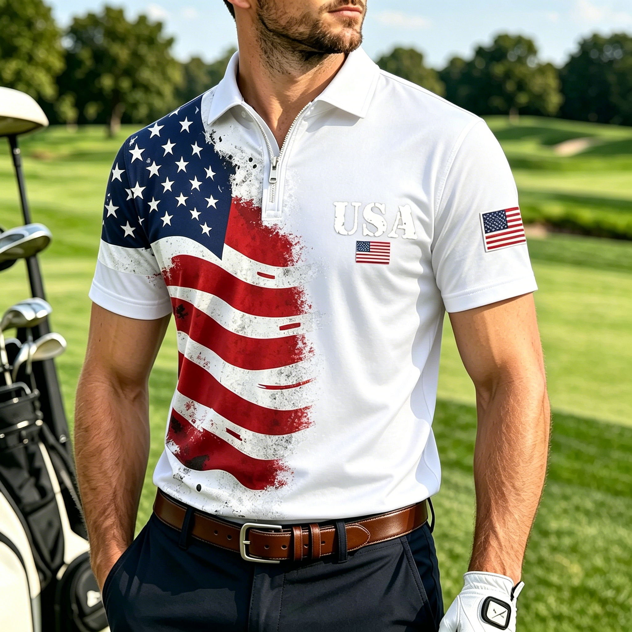 Men USA Flag Distressed Half Zip Short Sleeve Casual Golf Polo Shirt