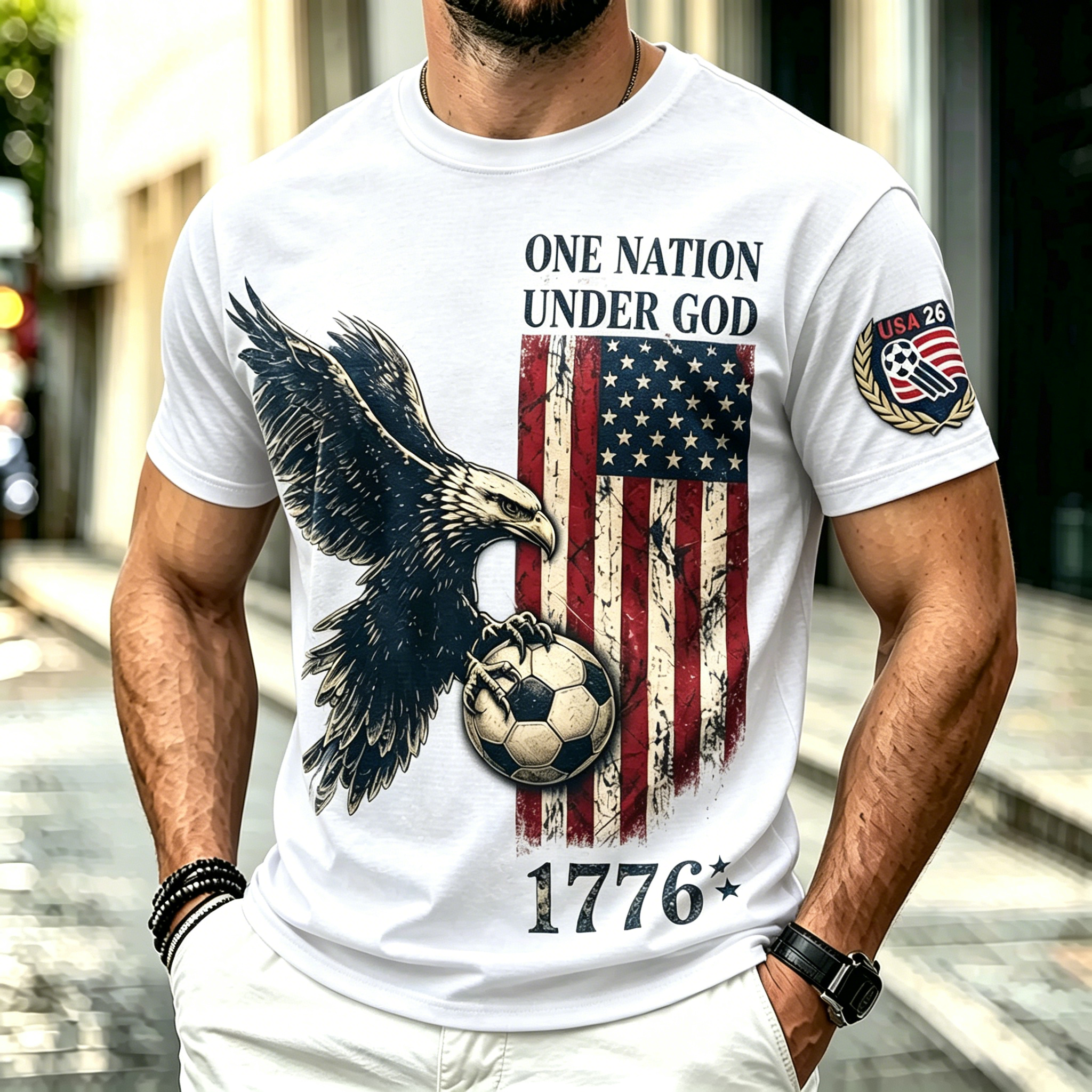 Men's Vintage Distressed American Flag Bald Eagle Soccer Graphic Short Sleeve T-Shirt