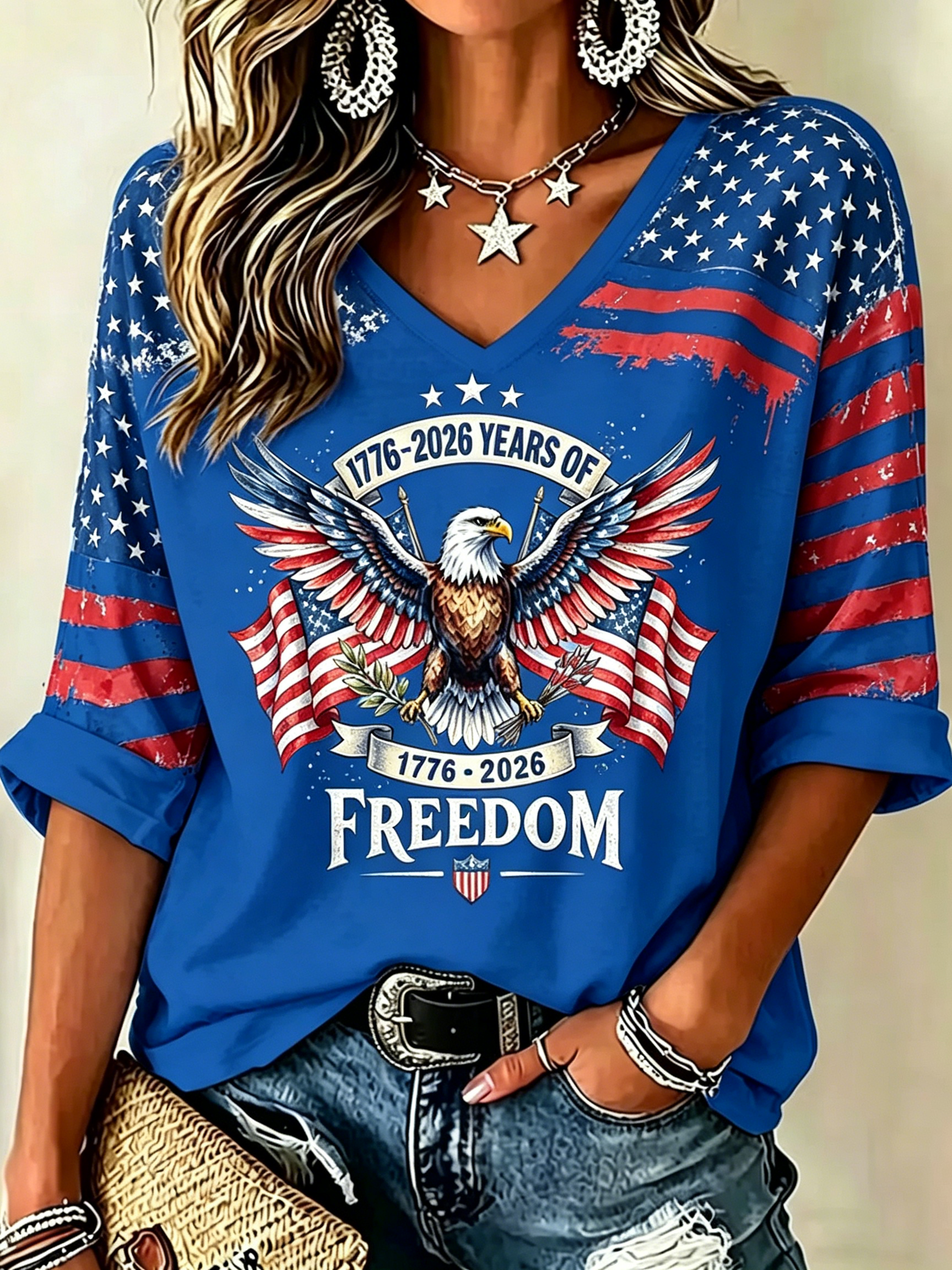 Distressed Brushstroke US Flag Eagle Graphic Loose Fit Ladies 3/4 Sleeve V Neck Soft Casual Summer T-Shirt