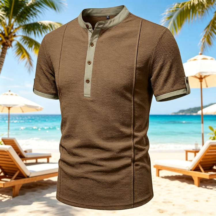 Men's Rib Knit Henley Top - Ruched Stripe Contrast Binding