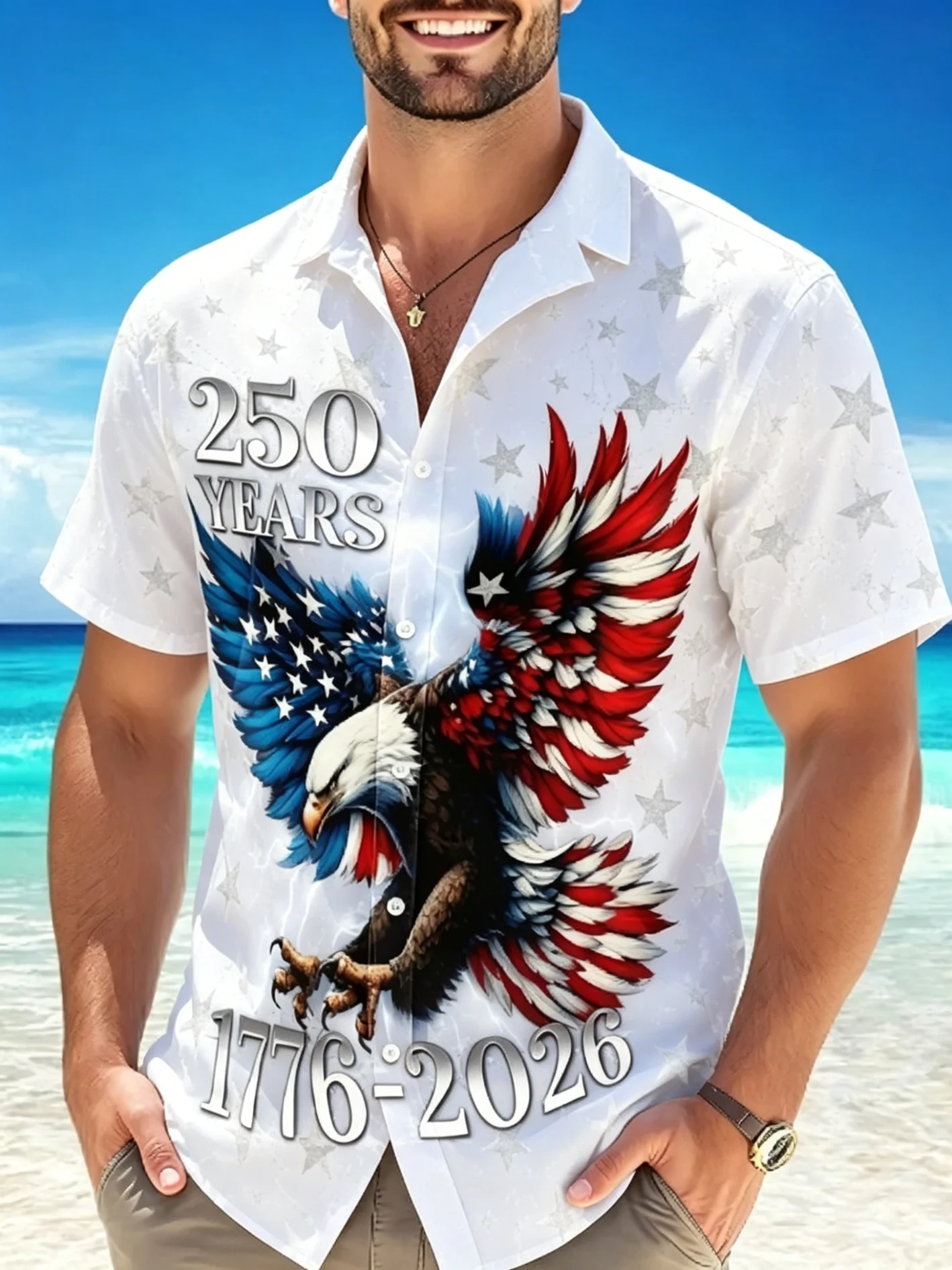 Men's America 250Th Anniversary Eagle USA Flag Star Print Short Sleeve Button Down Shirt