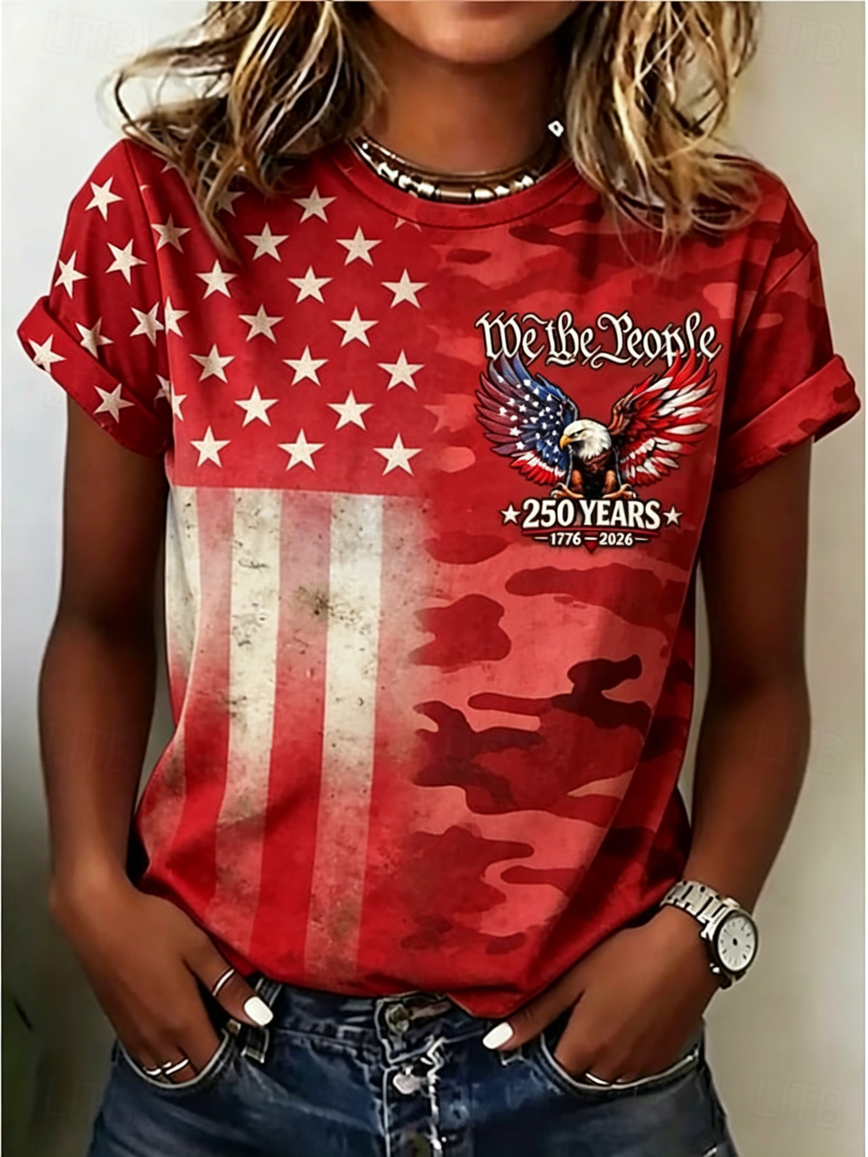 Women’s Vintage Patriotic Eagle Flag T-Shirt, 1776-2026 Anniversary Camo Print Short Sleeve Top