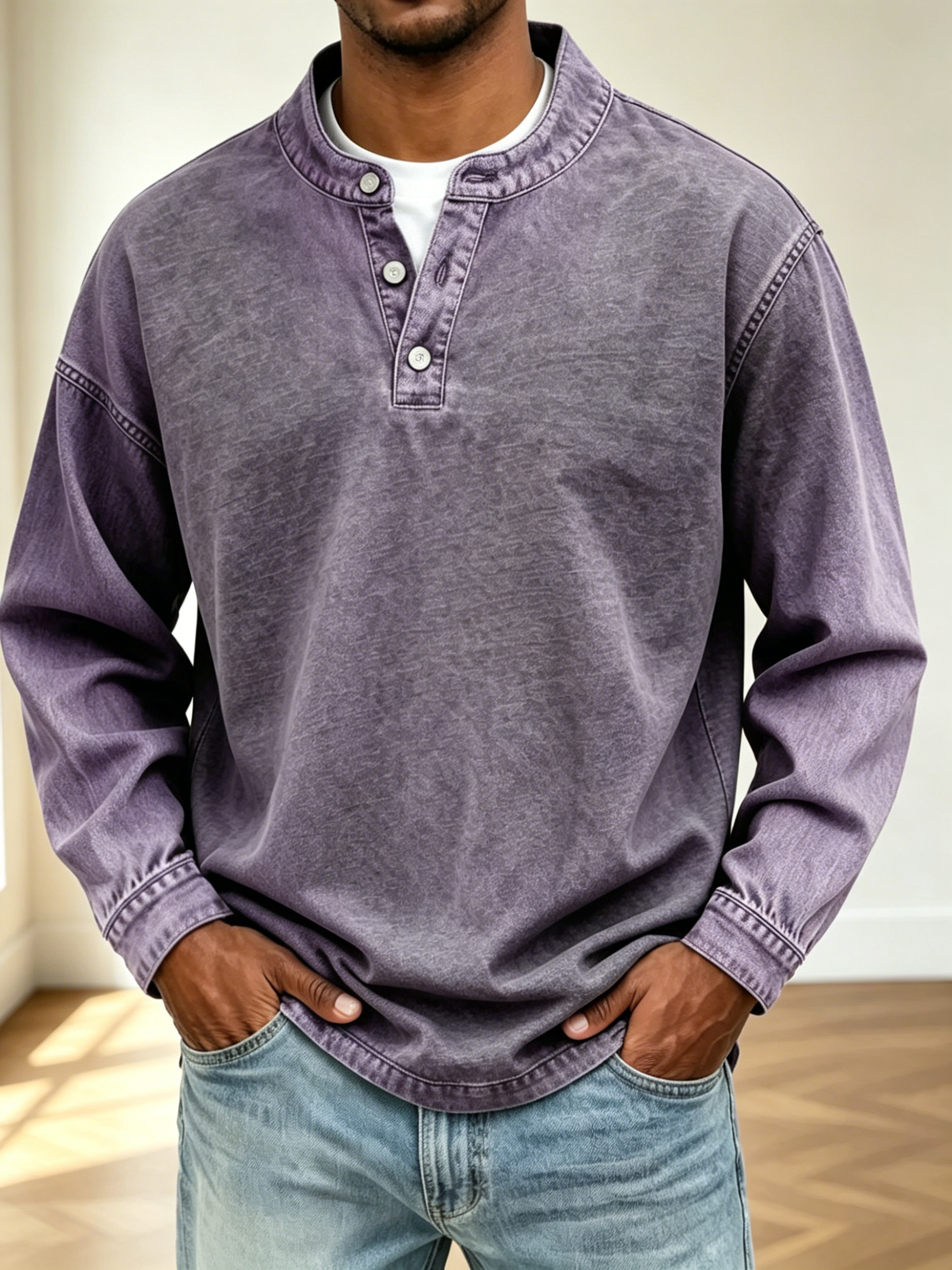 Men Vintage Washed Denim Henley Raglan Long Sleeve Casual Pullover Shir