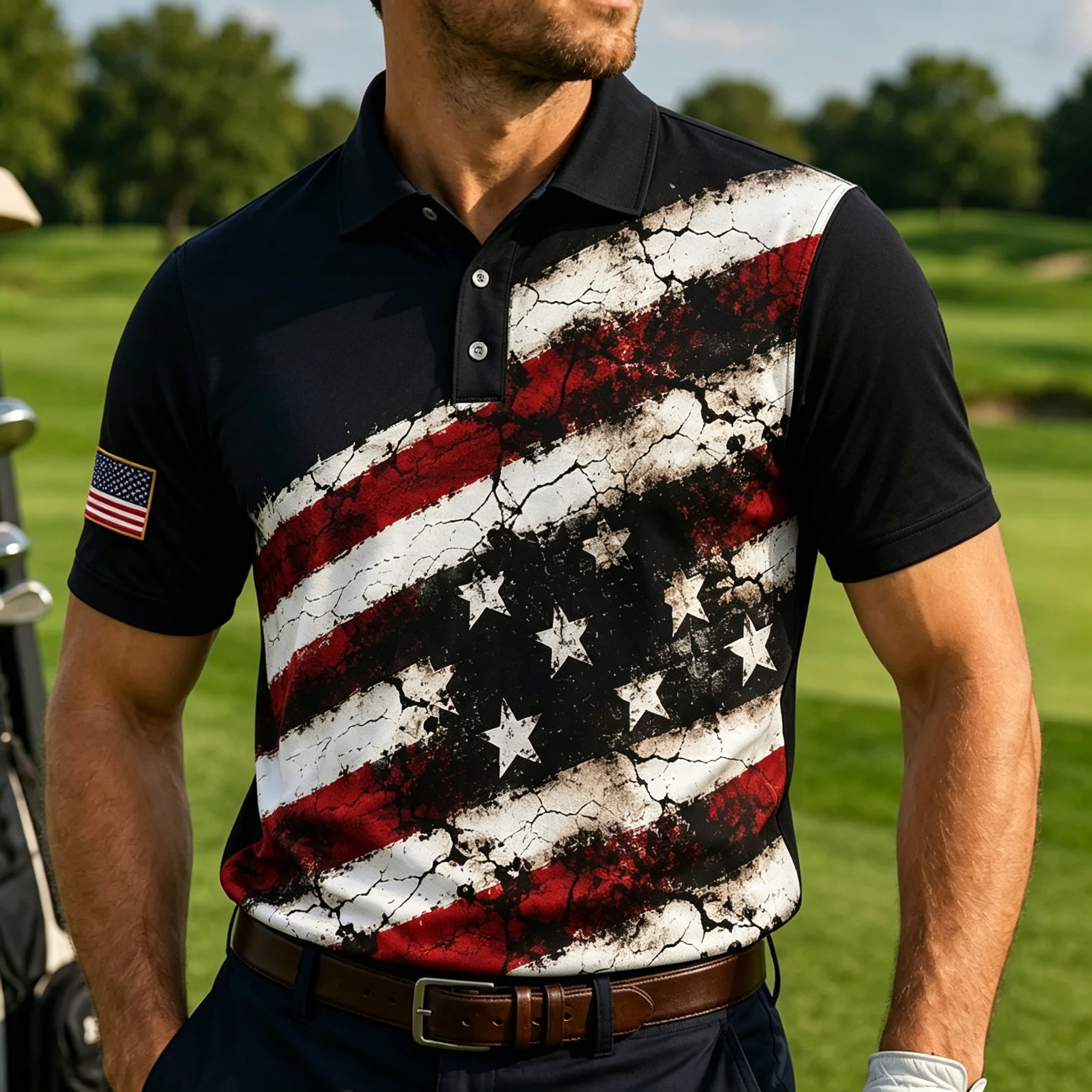 Retro Cracked Star Stripe Flag Men Athletic Sports Short Sleeve Polo Shirt