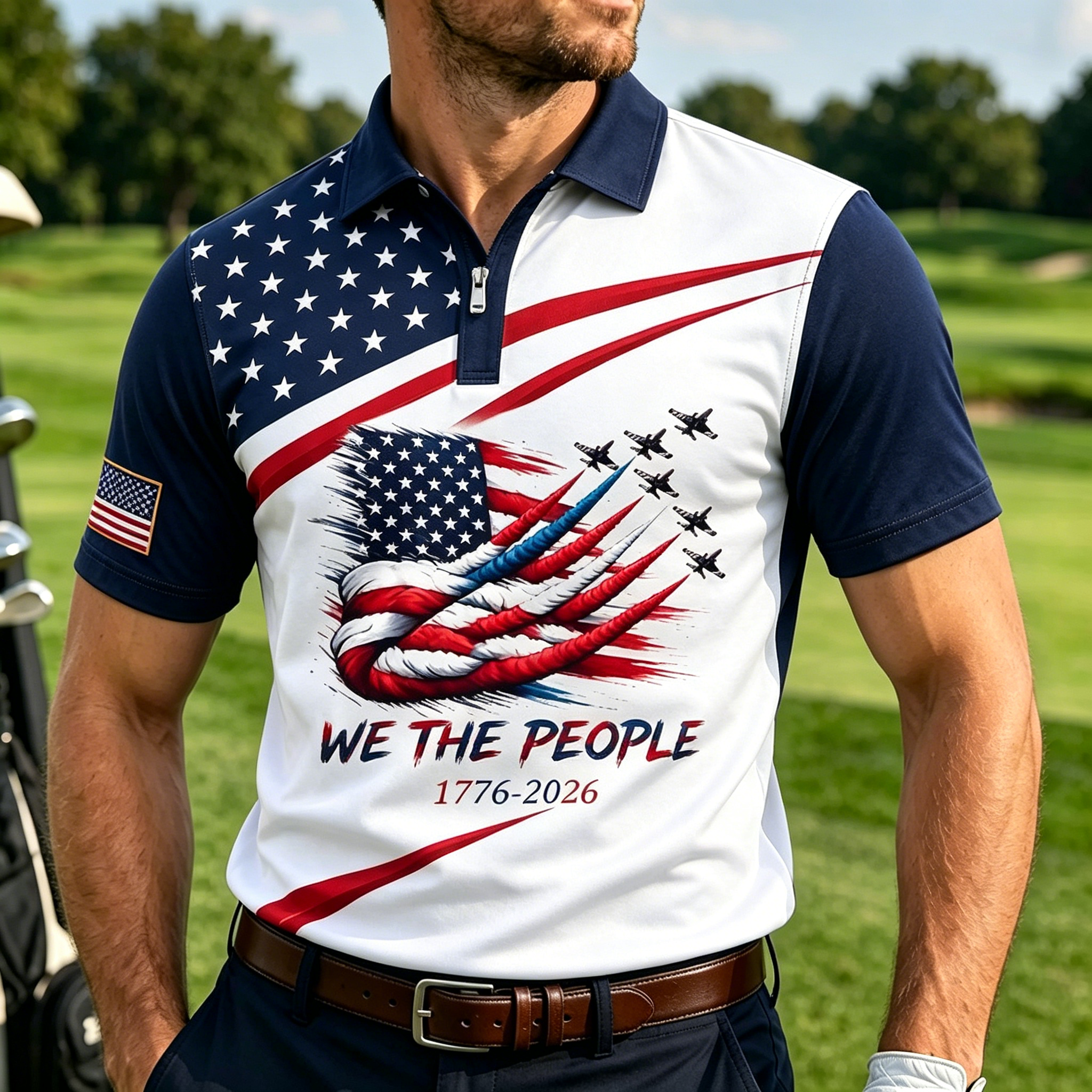 Men We The People American Flag Wing Fighter Jet Print Quarter Zip Color Block Casual Polo Shirt
