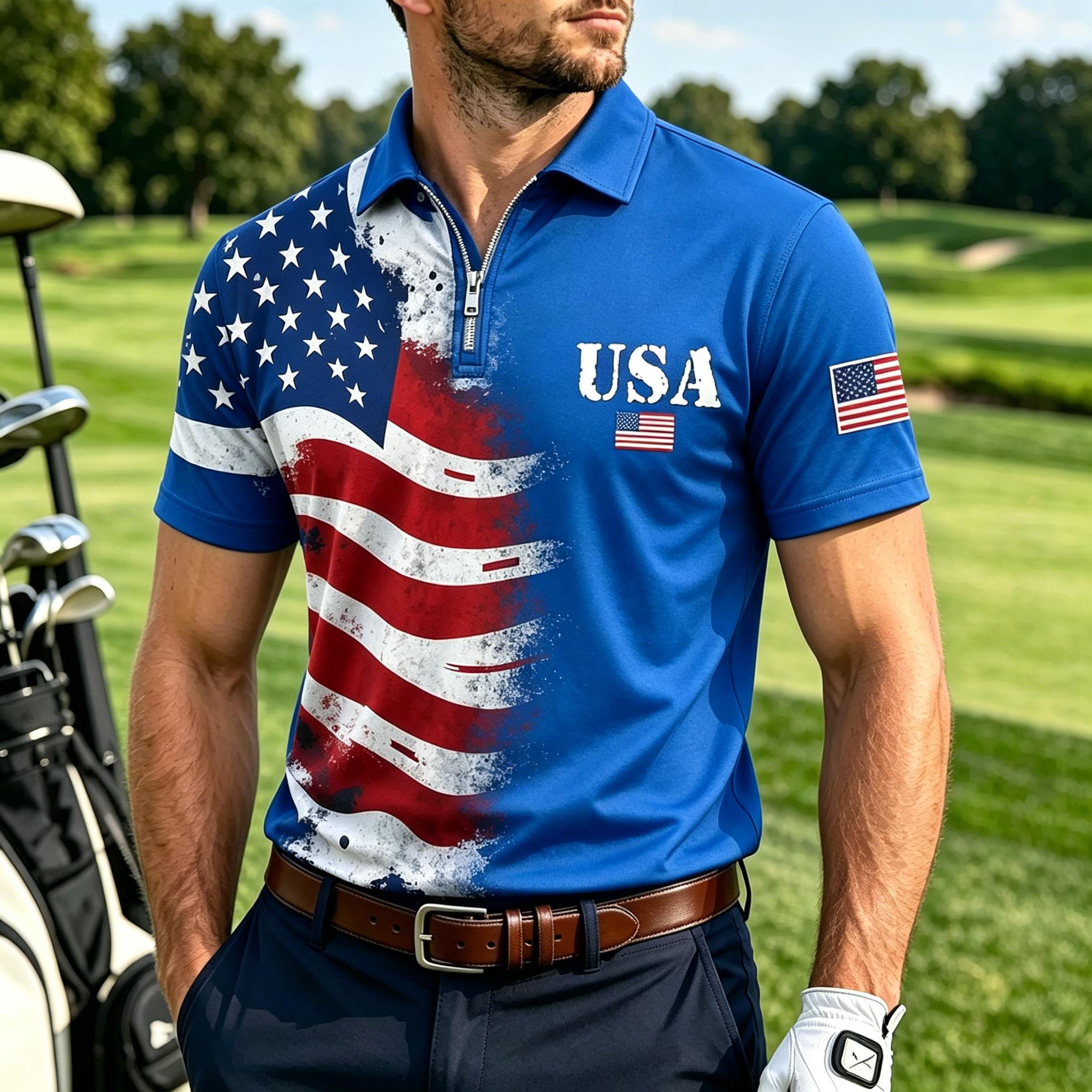Men USA Flag Distressed Half Zip Short Sleeve Casual Golf Polo Shirt