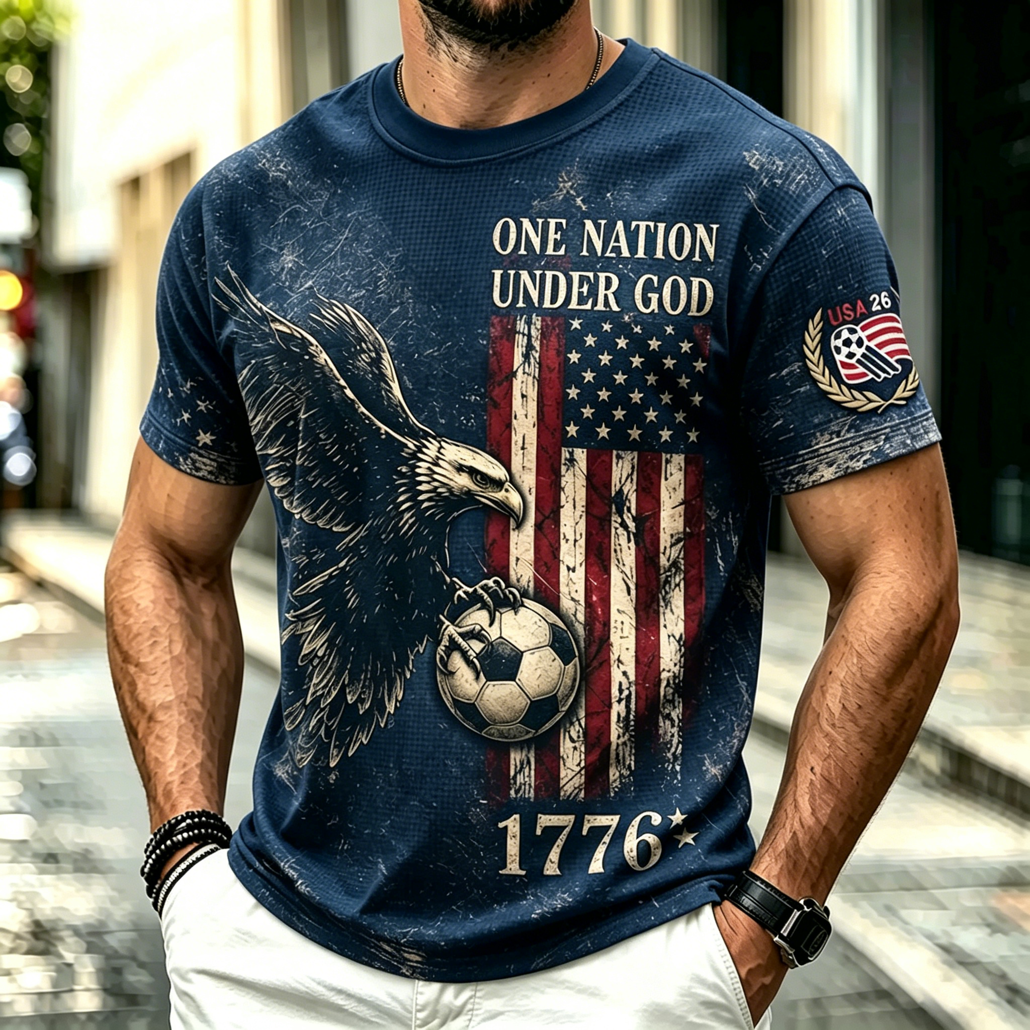 Men's Vintage Distressed American Flag Bald Eagle Soccer Graphic Short Sleeve T-Shirt