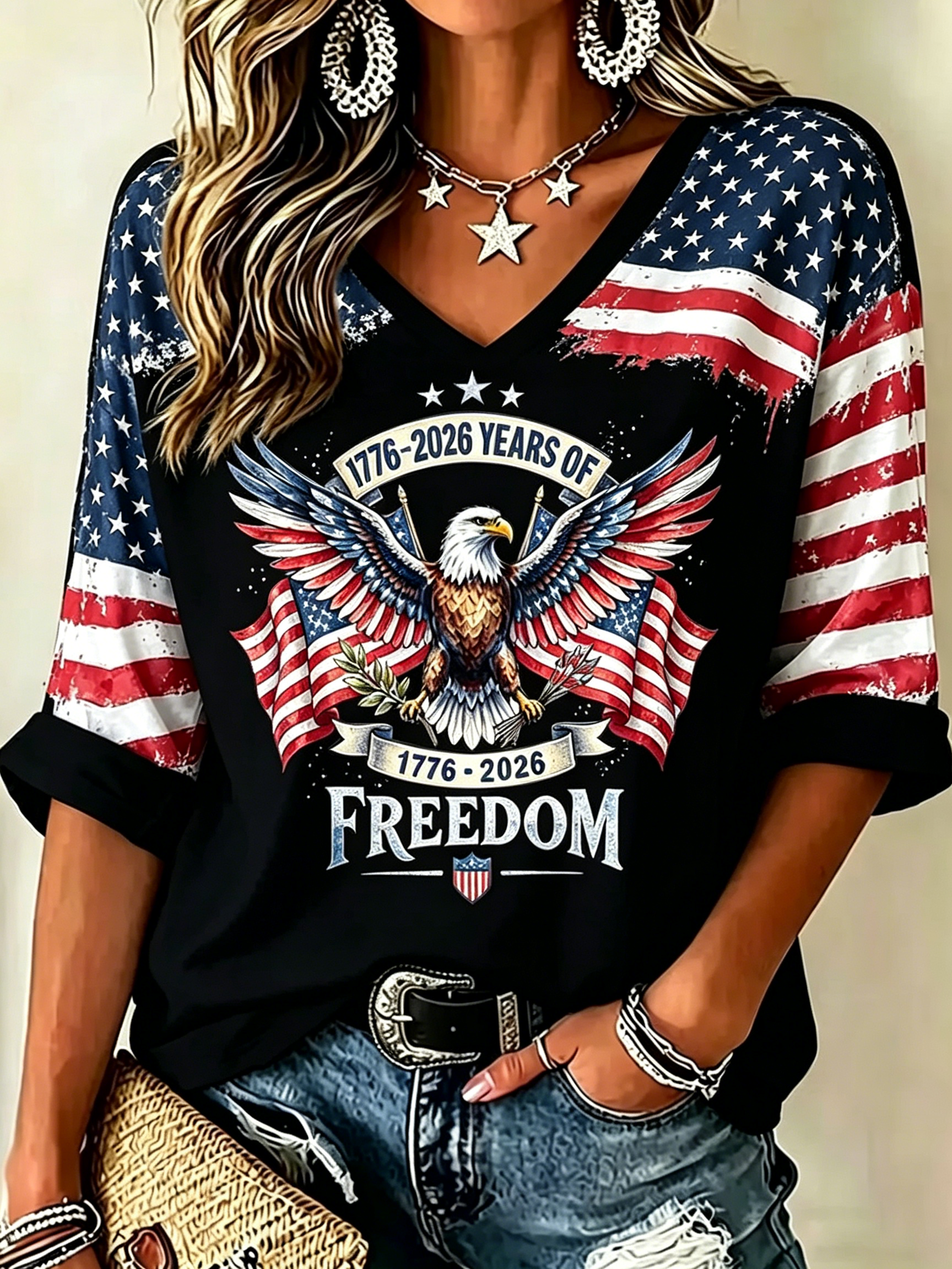 Distressed Brushstroke US Flag Eagle Graphic Loose Fit Ladies 3/4 Sleeve V Neck Soft Casual Summer T-Shirt