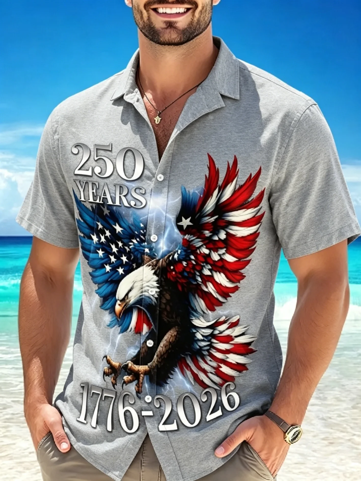 Men's America 250Th Anniversary Eagle USA Flag Star Print Short Sleeve Button Down Shirt