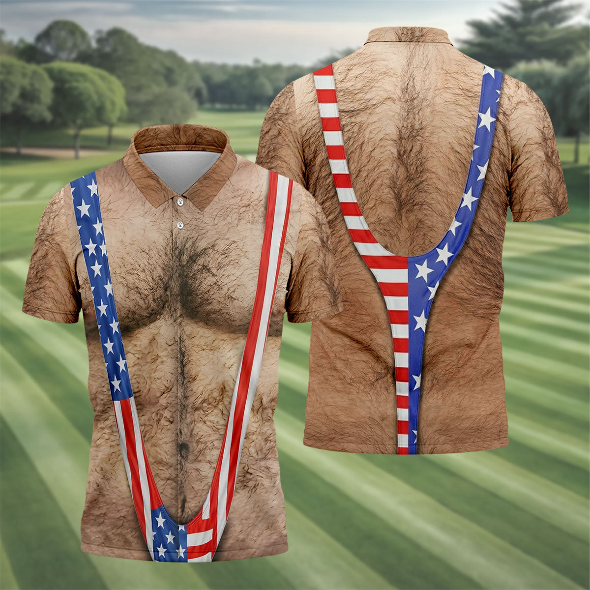 Men’s Novelty Golf Polo - 3D Realistic Chest Print American Flag Strap Patriotic Performance Shirt
