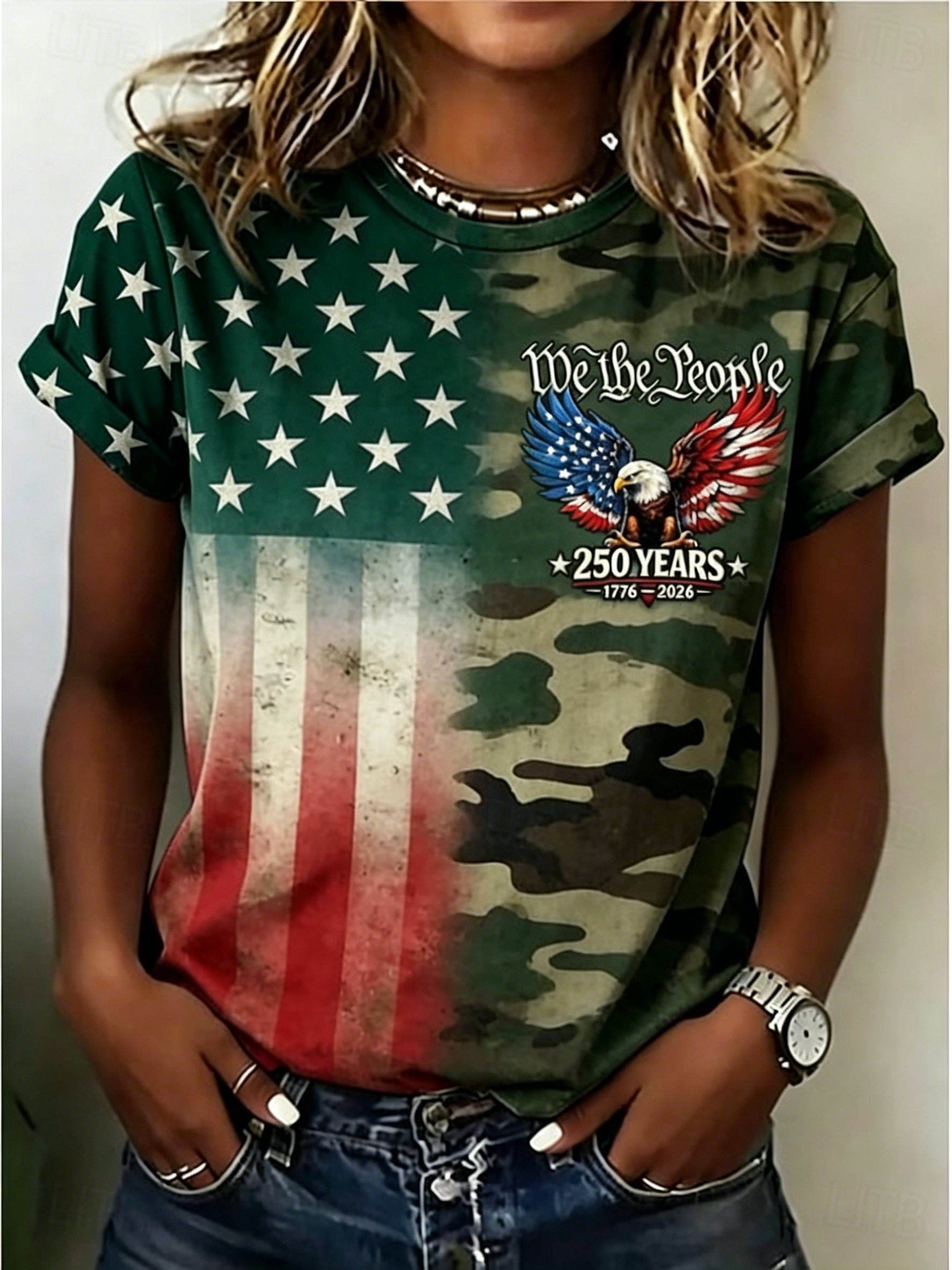Women’s Vintage Patriotic Eagle Flag T-Shirt, 1776-2026 Anniversary Camo Print Short Sleeve Top