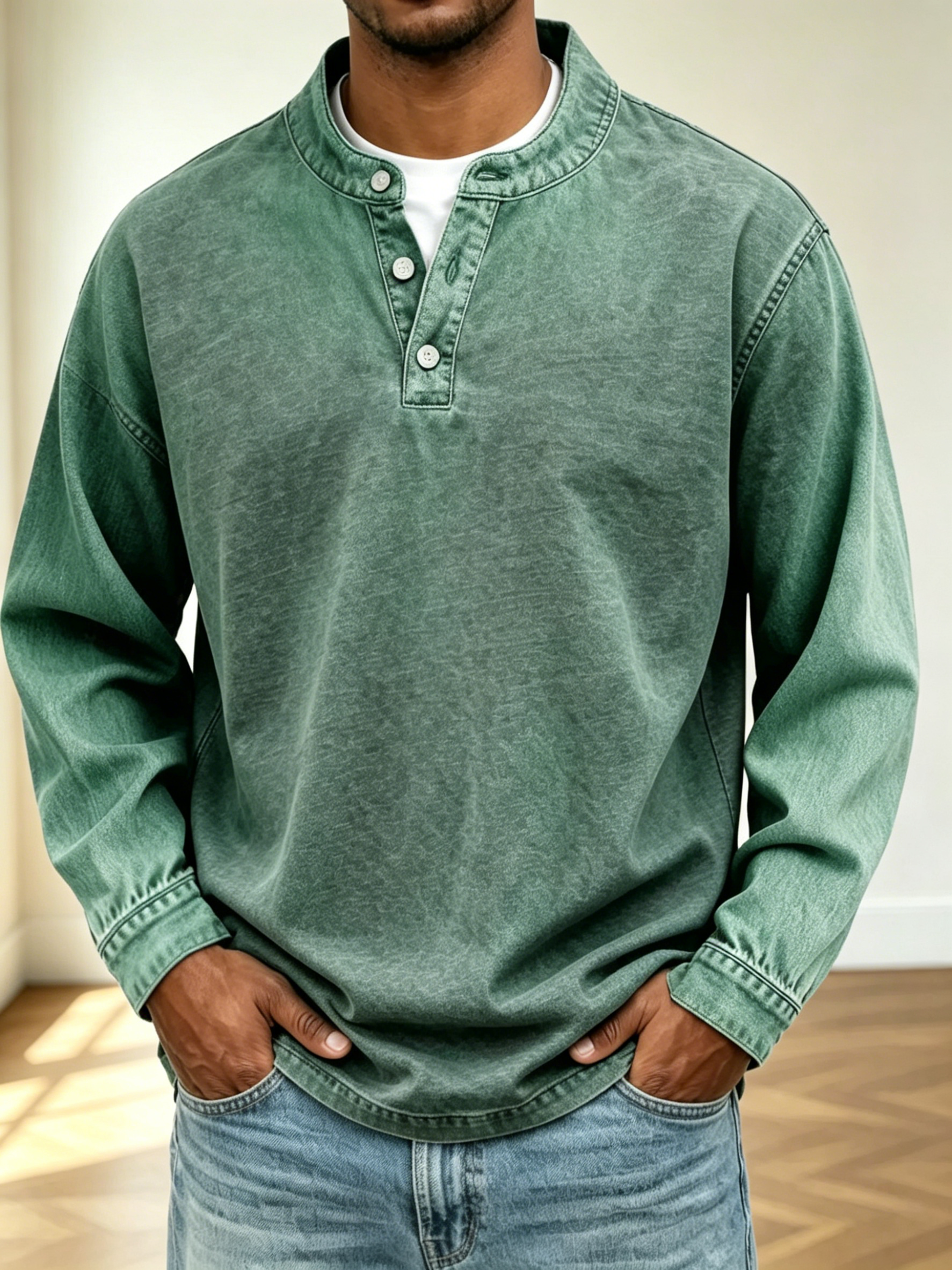 Men Vintage Washed Denim Henley Raglan Long Sleeve Casual Pullover Shir