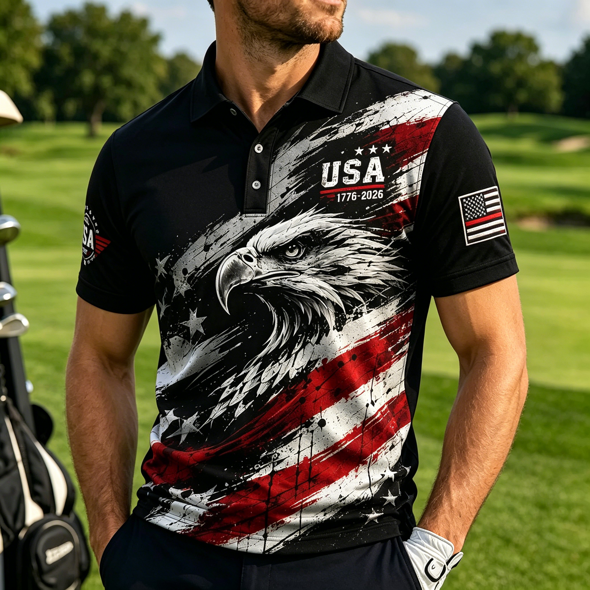 Retro Cracked Star Stripe Flag Men Athletic Sports Short Sleeve Polo Shirt