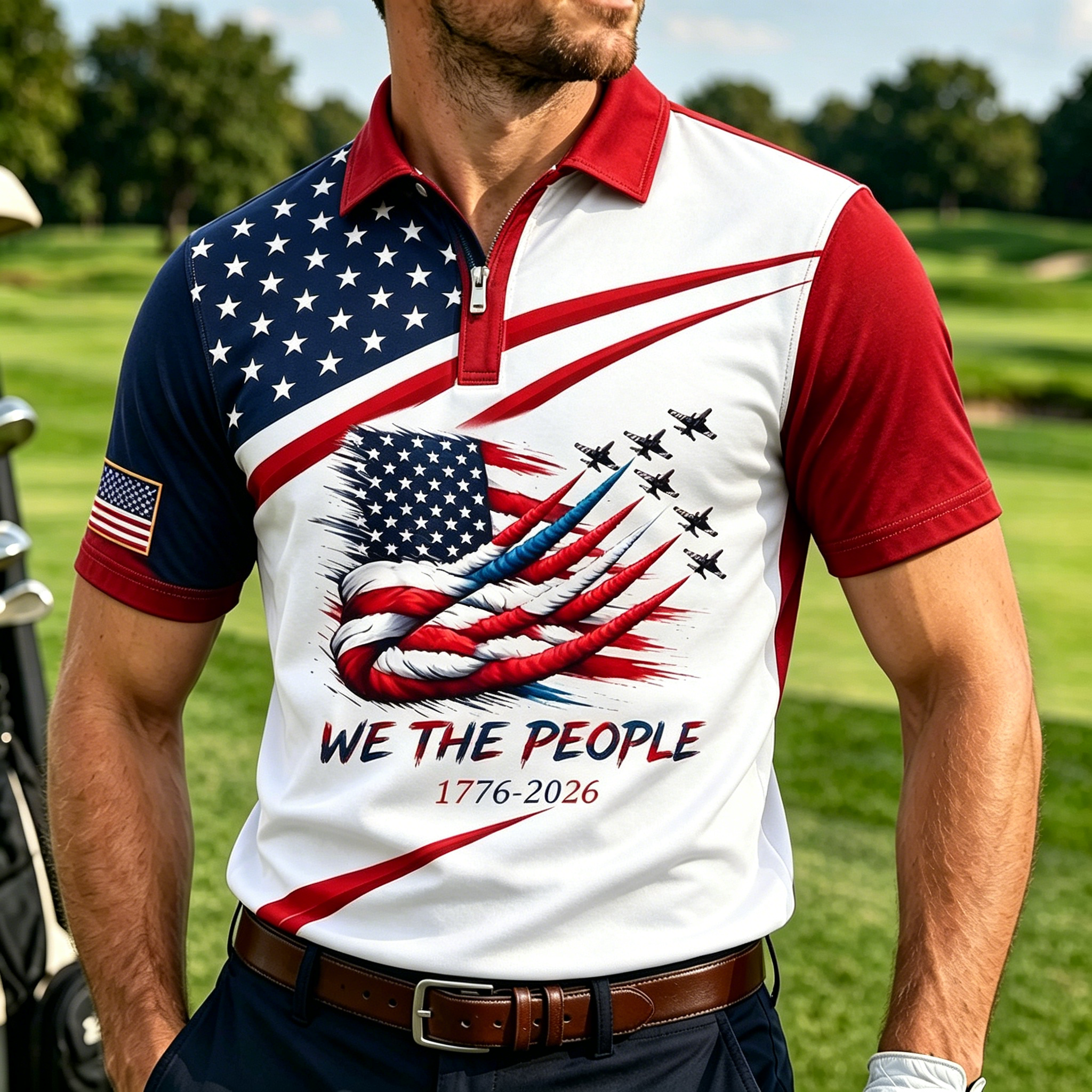 Men We The People American Flag Wing Fighter Jet Print Quarter Zip Color Block Casual Polo Shirt