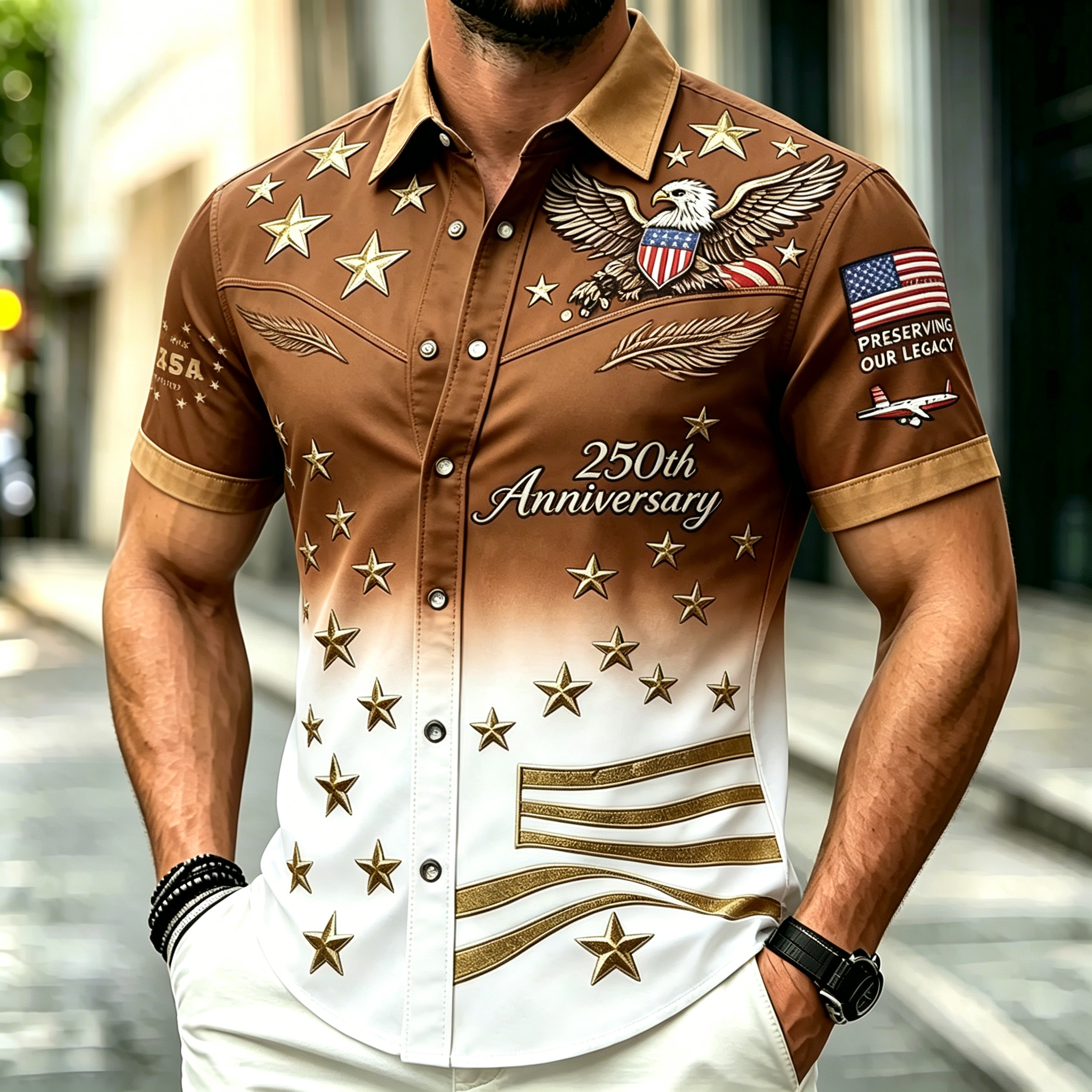 Men Gradient Eagle Star USA Flag 250th Anniversary Short Sleeve Button Down Shirt