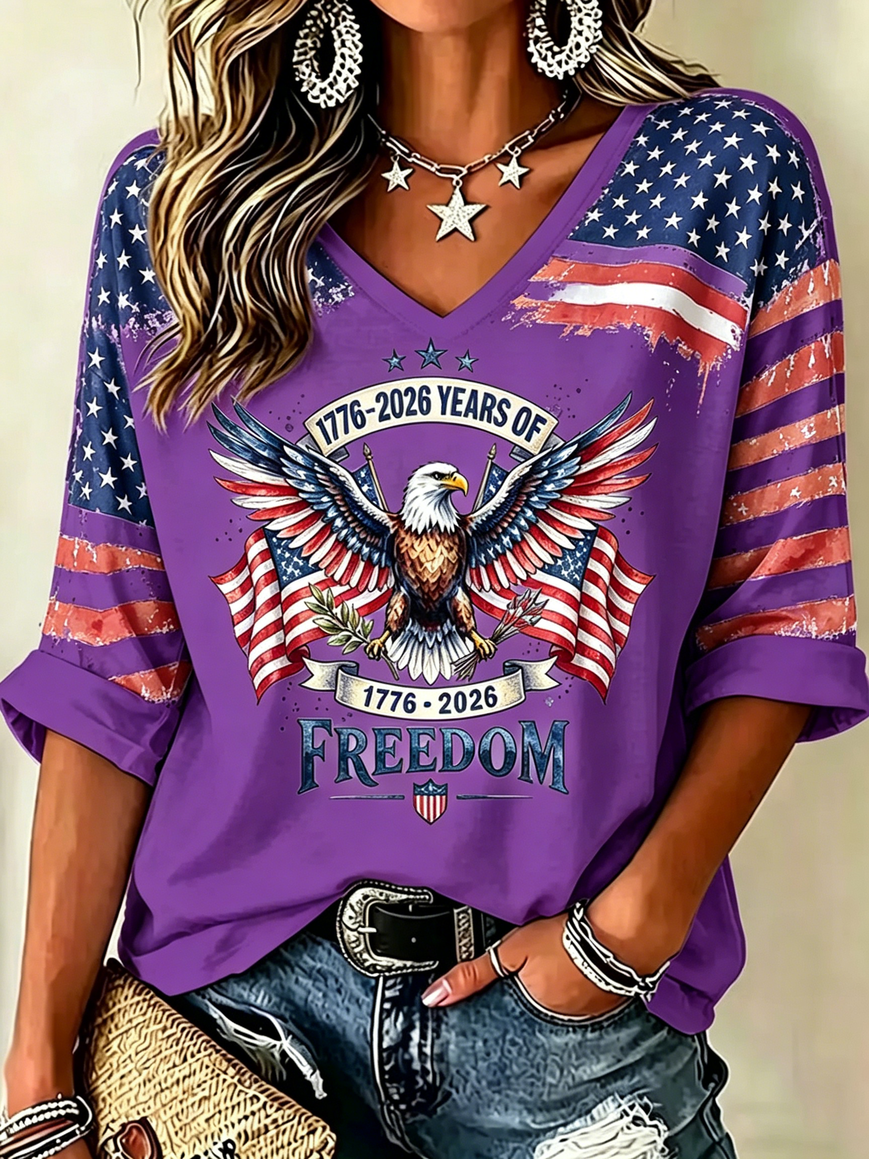 Distressed Brushstroke US Flag Eagle Graphic Loose Fit Ladies 3/4 Sleeve V Neck Soft Casual Summer T-Shirt