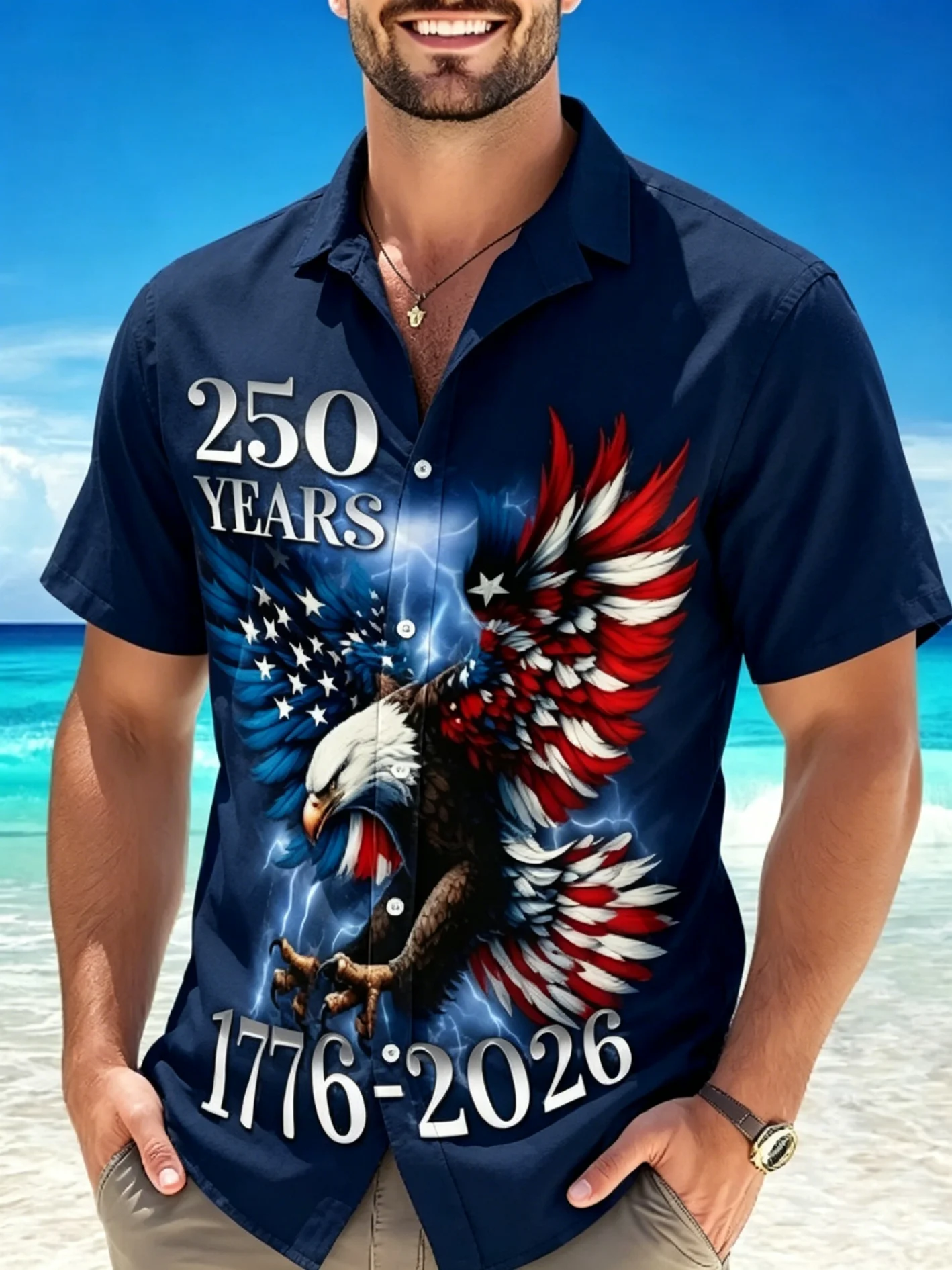 Men's America 250Th Anniversary Eagle USA Flag Star Print Short Sleeve Button Down Shirt