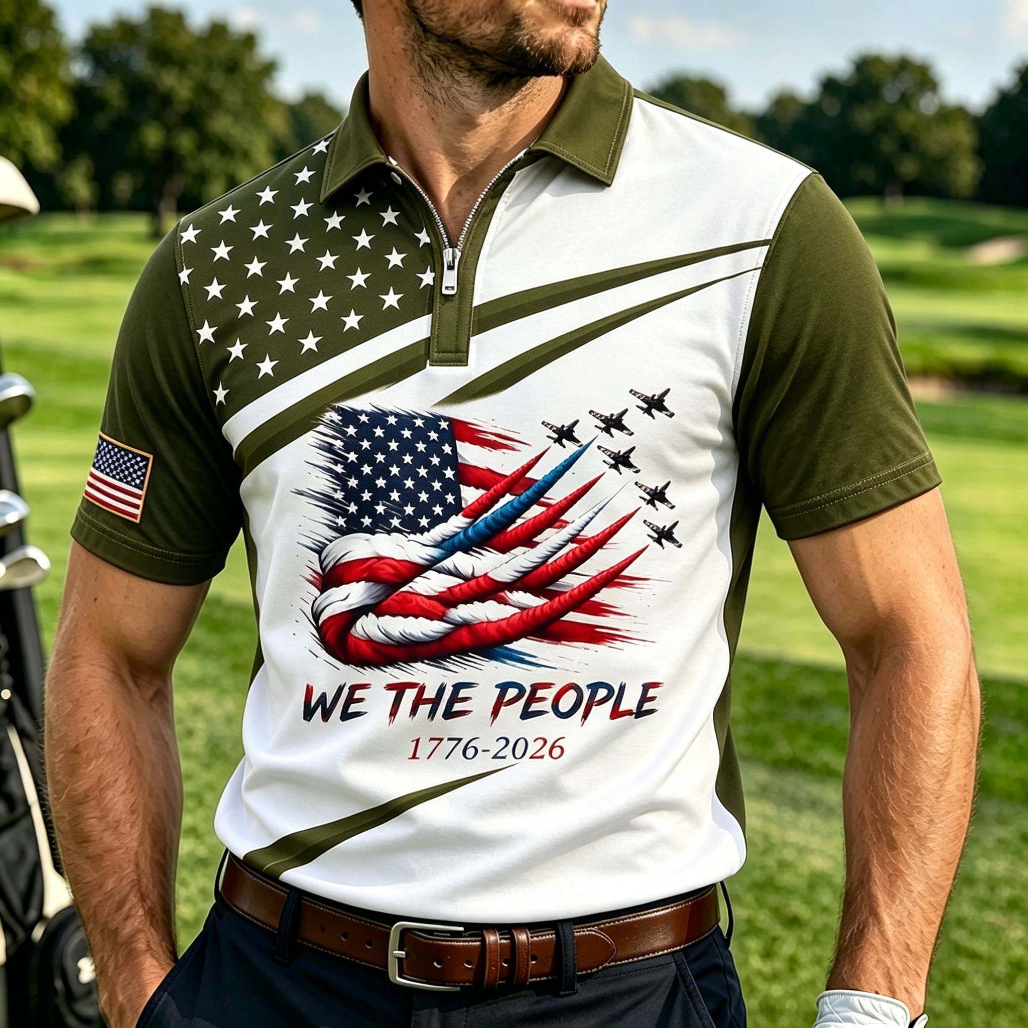 Men We The People American Flag Wing Fighter Jet Print Quarter Zip Color Block Casual Polo Shirt
