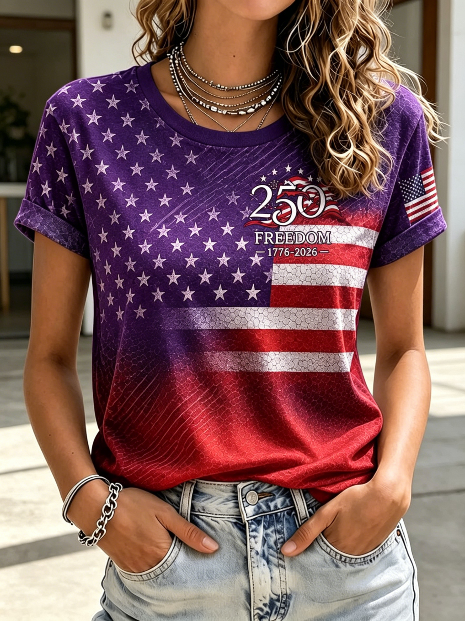 Women Gradient Honeycomb Star American Flag 250 Years Patriotic Short Sleeve T-Shirt