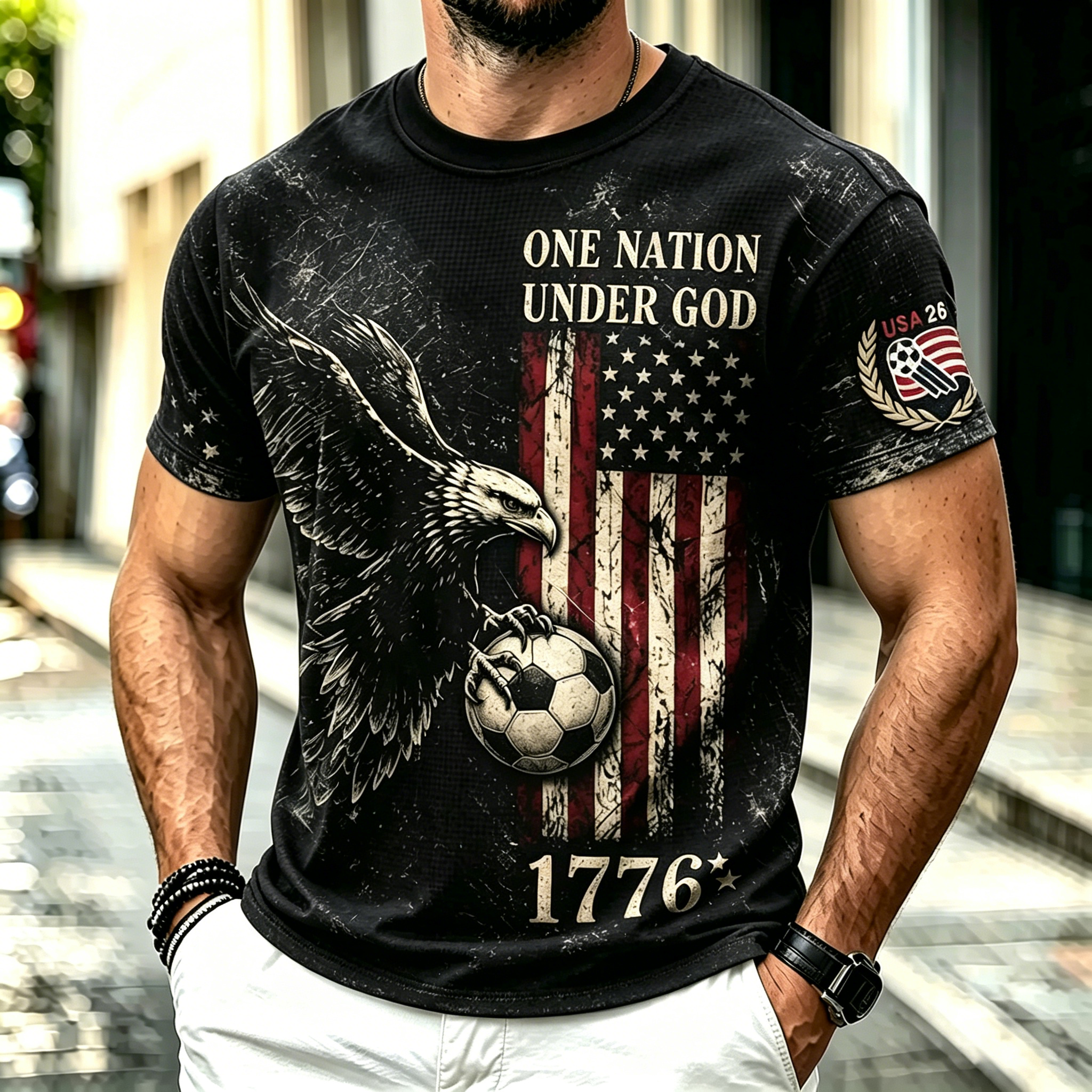 Men's Vintage Distressed American Flag Bald Eagle Soccer Graphic Short Sleeve T-Shirt