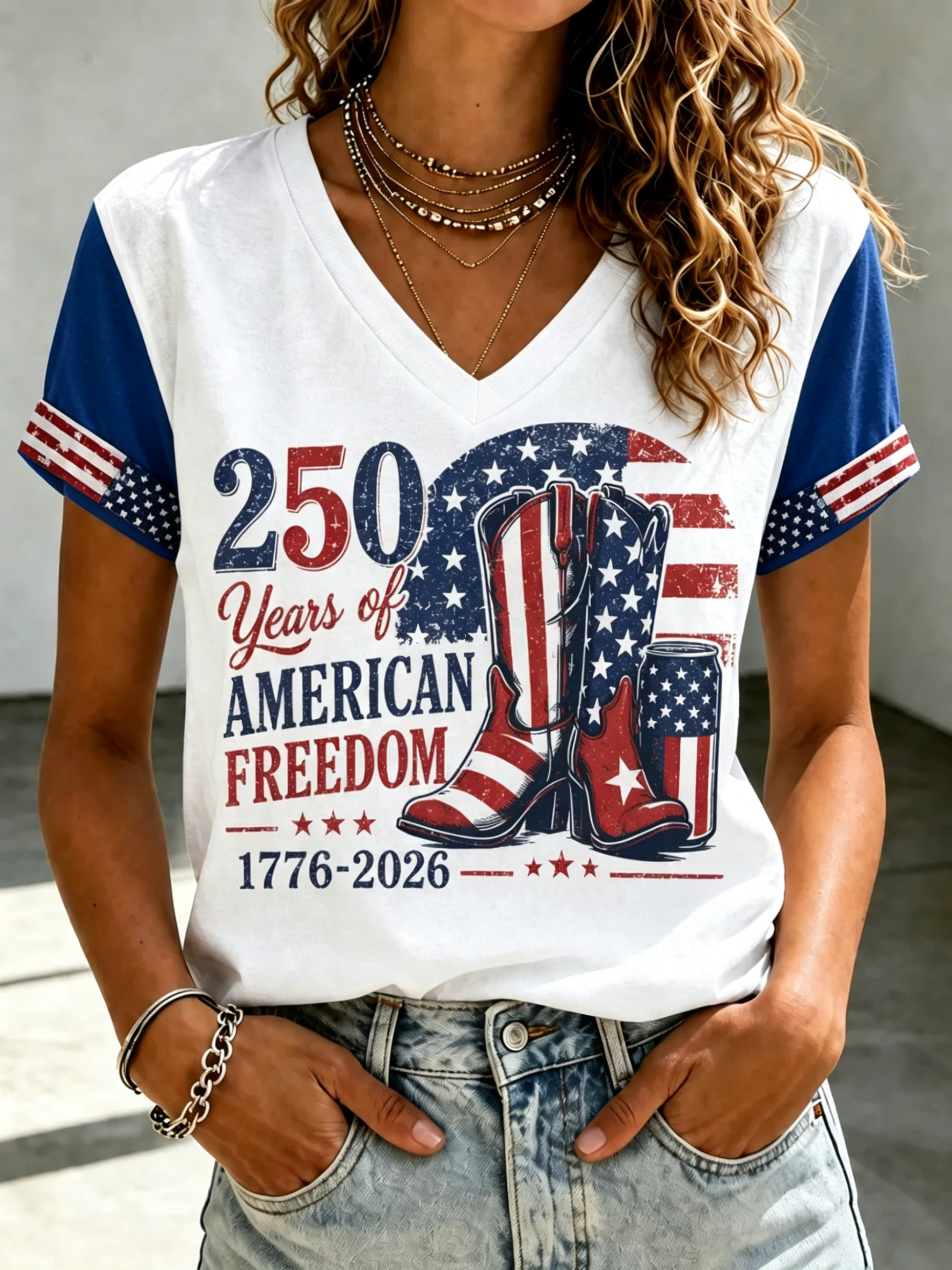 Women's 250 Years of American Freedom Cowboy Boots Print Raglan V Neck Short Sleeve Tee