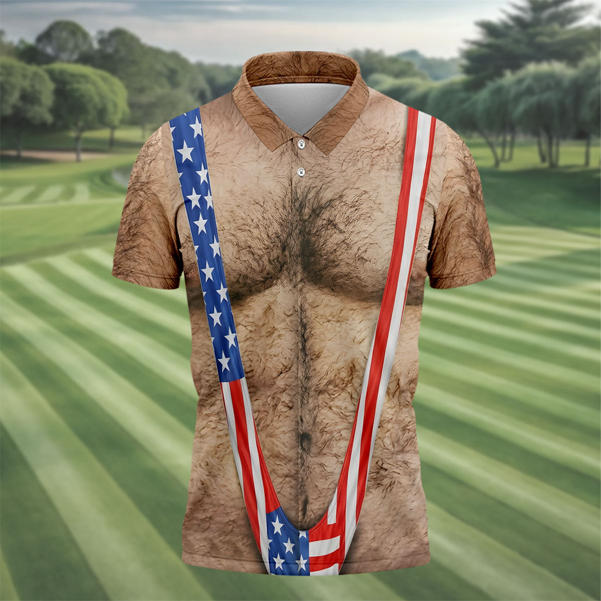 Men’s Novelty Golf Polo - 3D Realistic Chest Print American Flag Strap Patriotic Performance Shirt