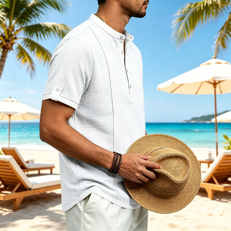 Men's Rib Knit Henley Top - Ruched Stripe Contrast Binding