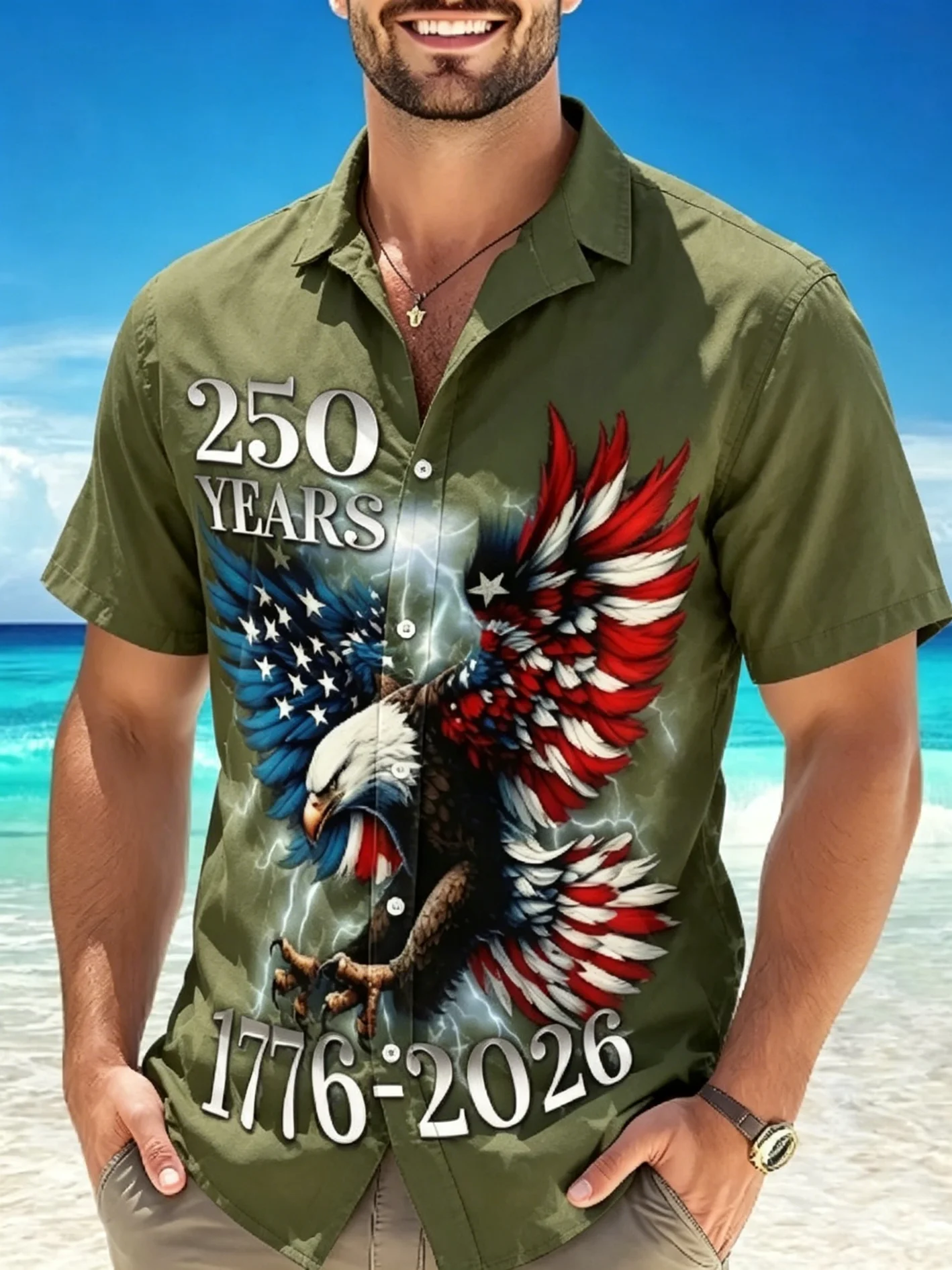 Men's America 250Th Anniversary Eagle USA Flag Star Print Short Sleeve Button Down Shirt