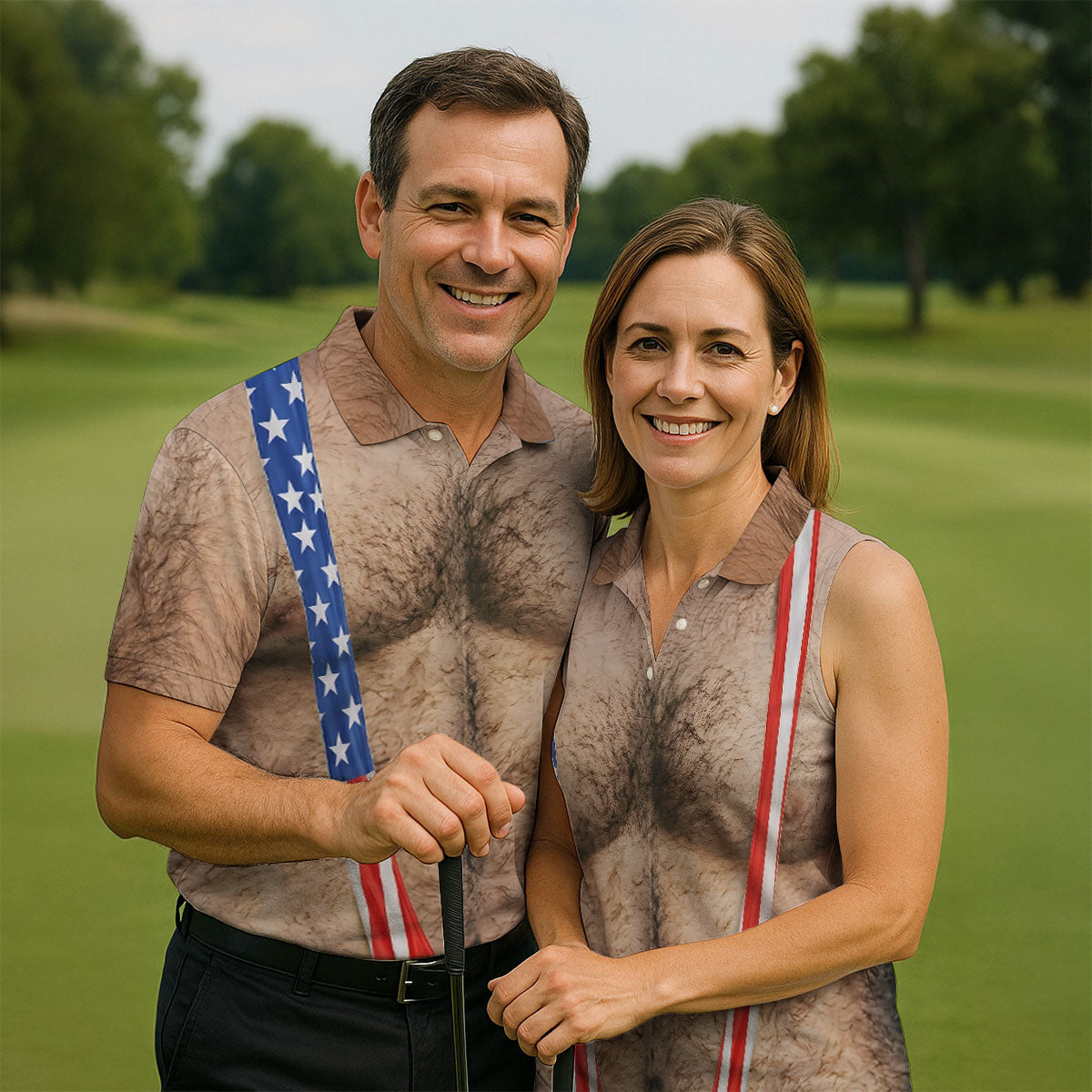 Men’s Novelty Golf Polo - 3D Realistic Chest Print American Flag Strap Patriotic Performance Shirt