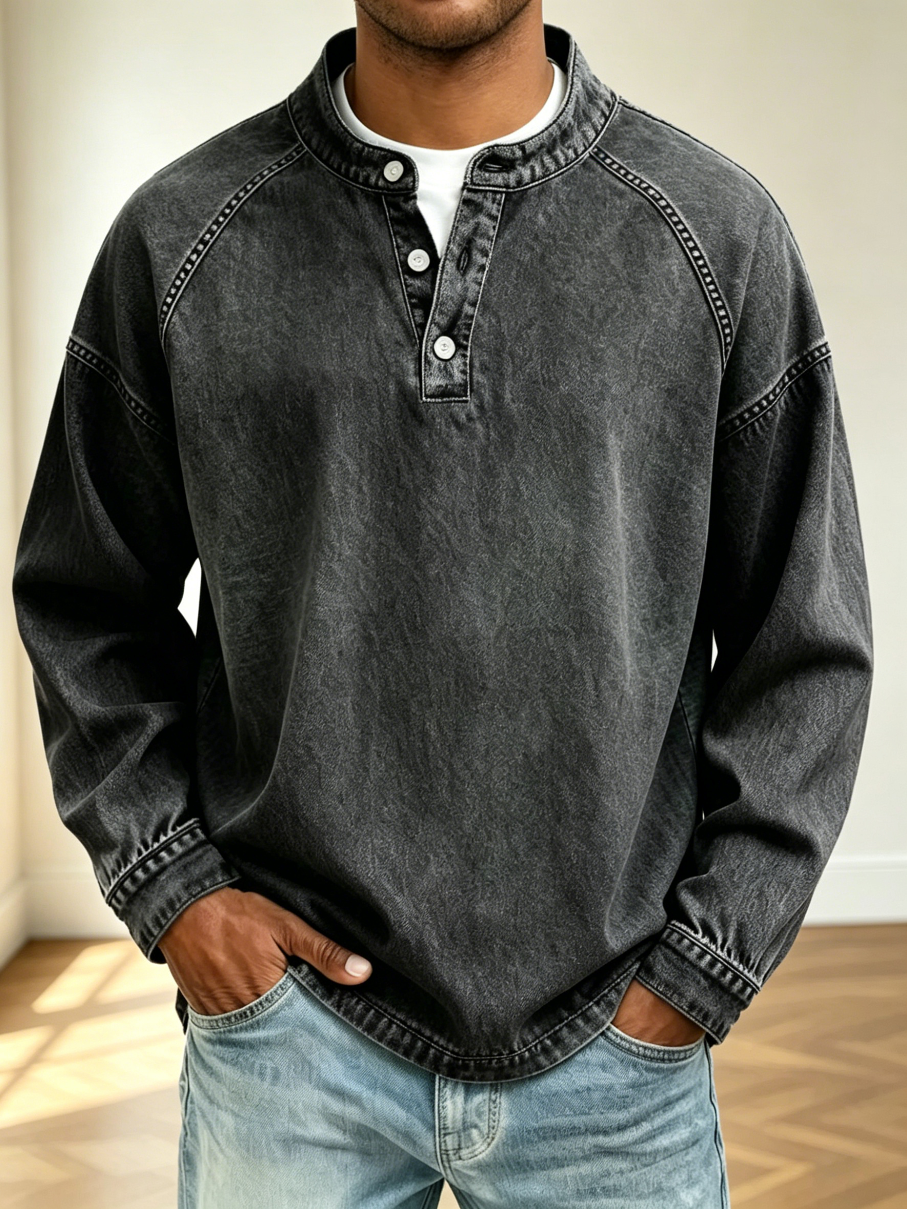 Men Vintage Washed Denim Henley Raglan Long Sleeve Casual Pullover Shir